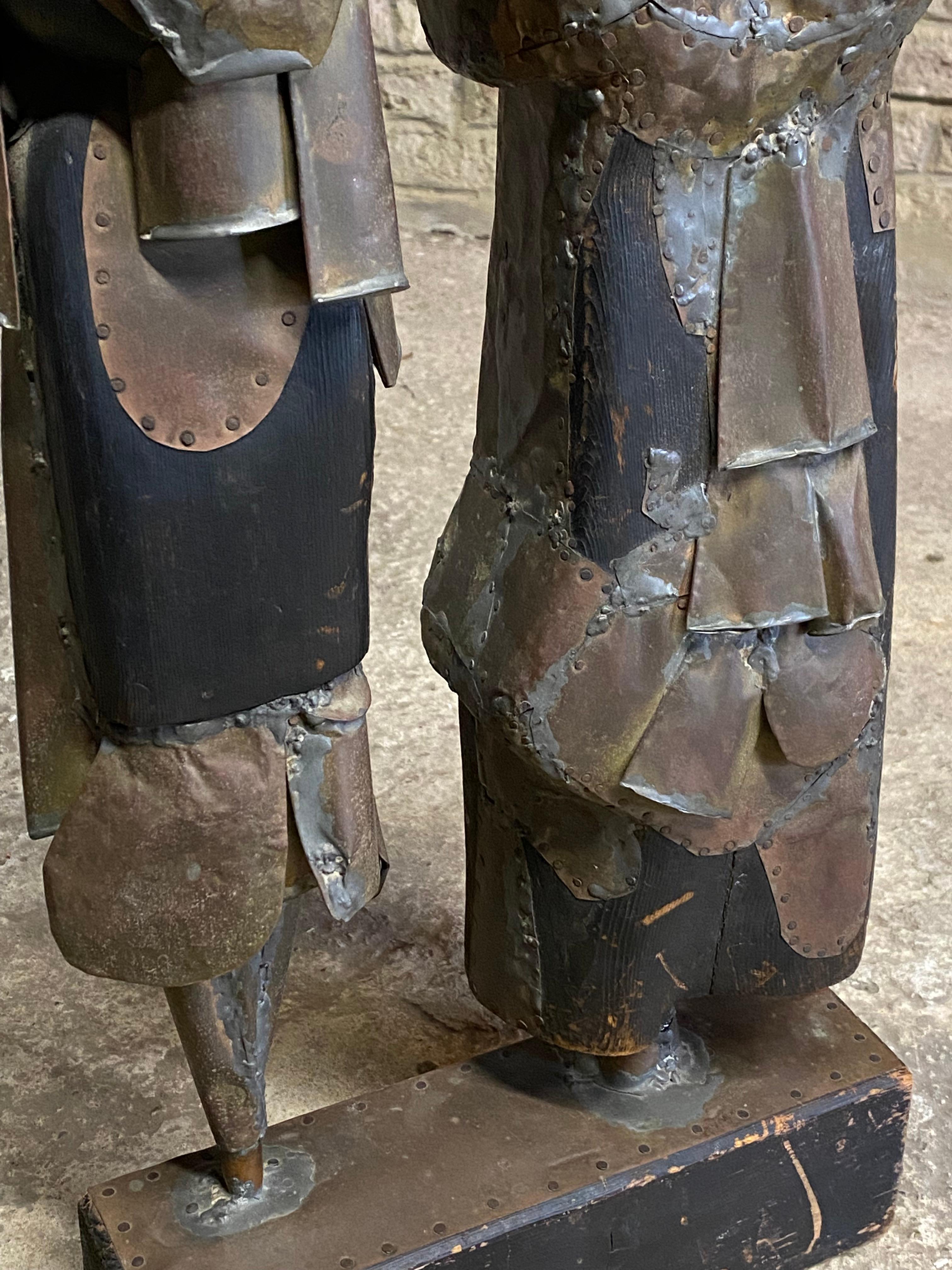 Brutalist Period Mixed Metals and Wood Couple Sculpture JN For Sale 4