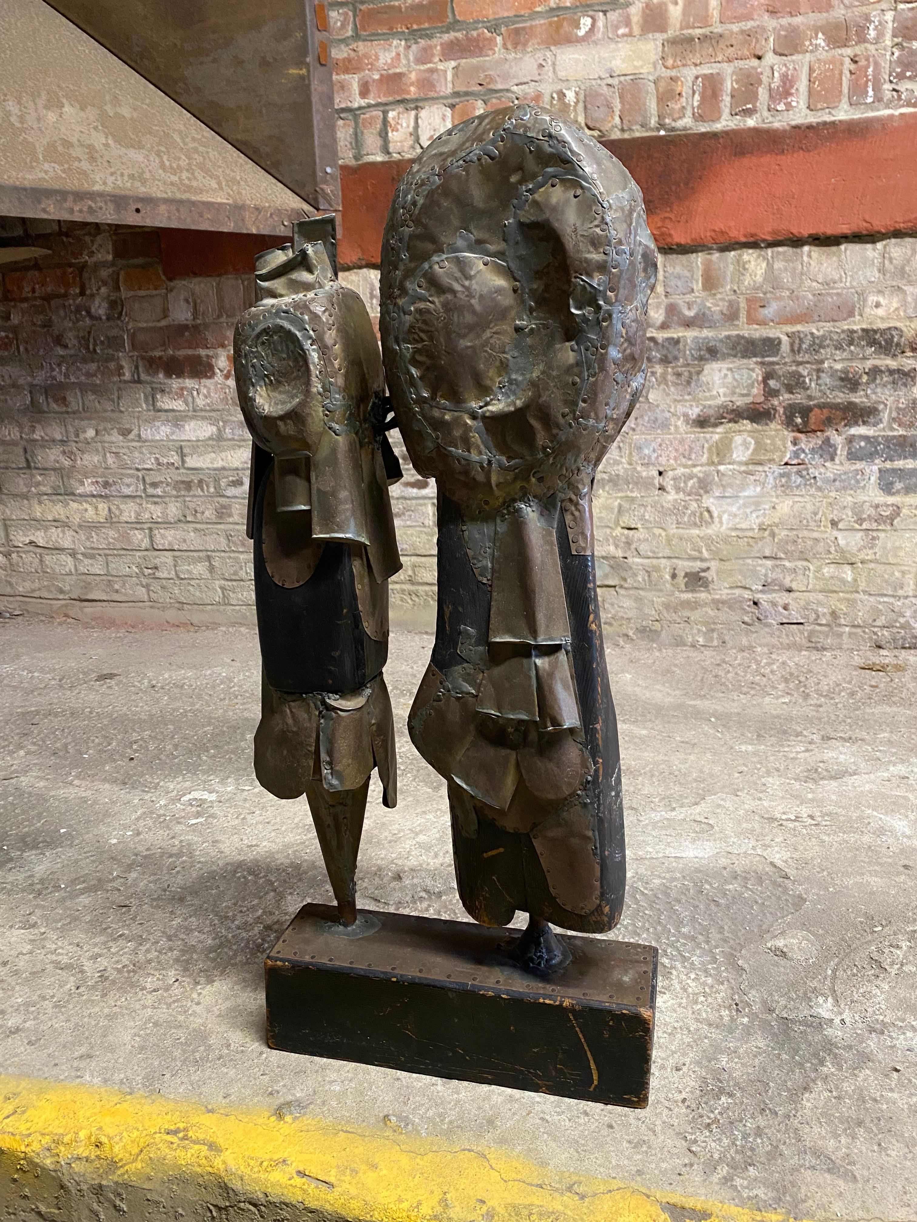 American Brutalist Period Mixed Metals and Wood Couple Sculpture JN For Sale