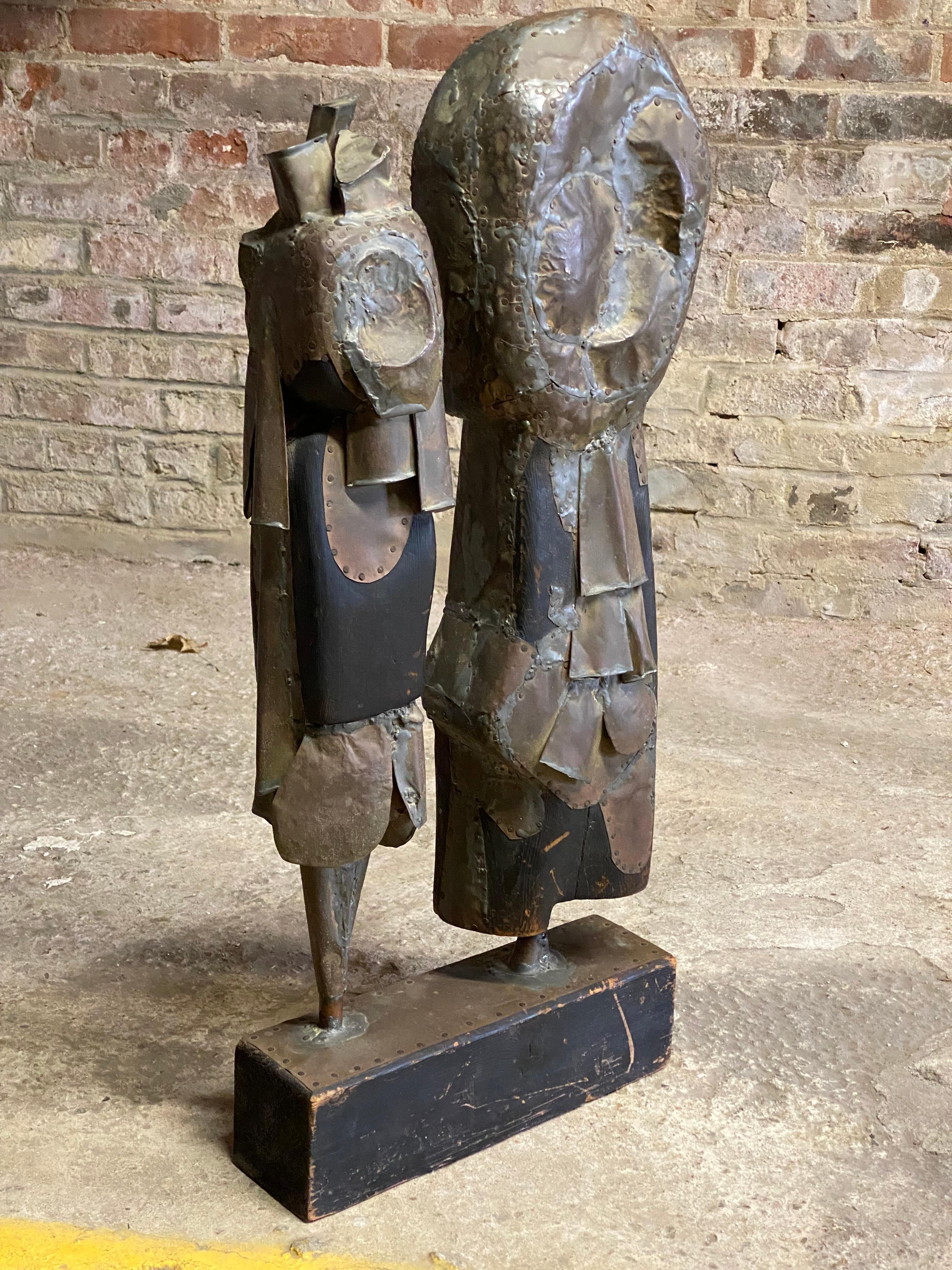 Brutalist Period Mixed Metals and Wood Couple Sculpture JN In Good Condition For Sale In Garnerville, NY