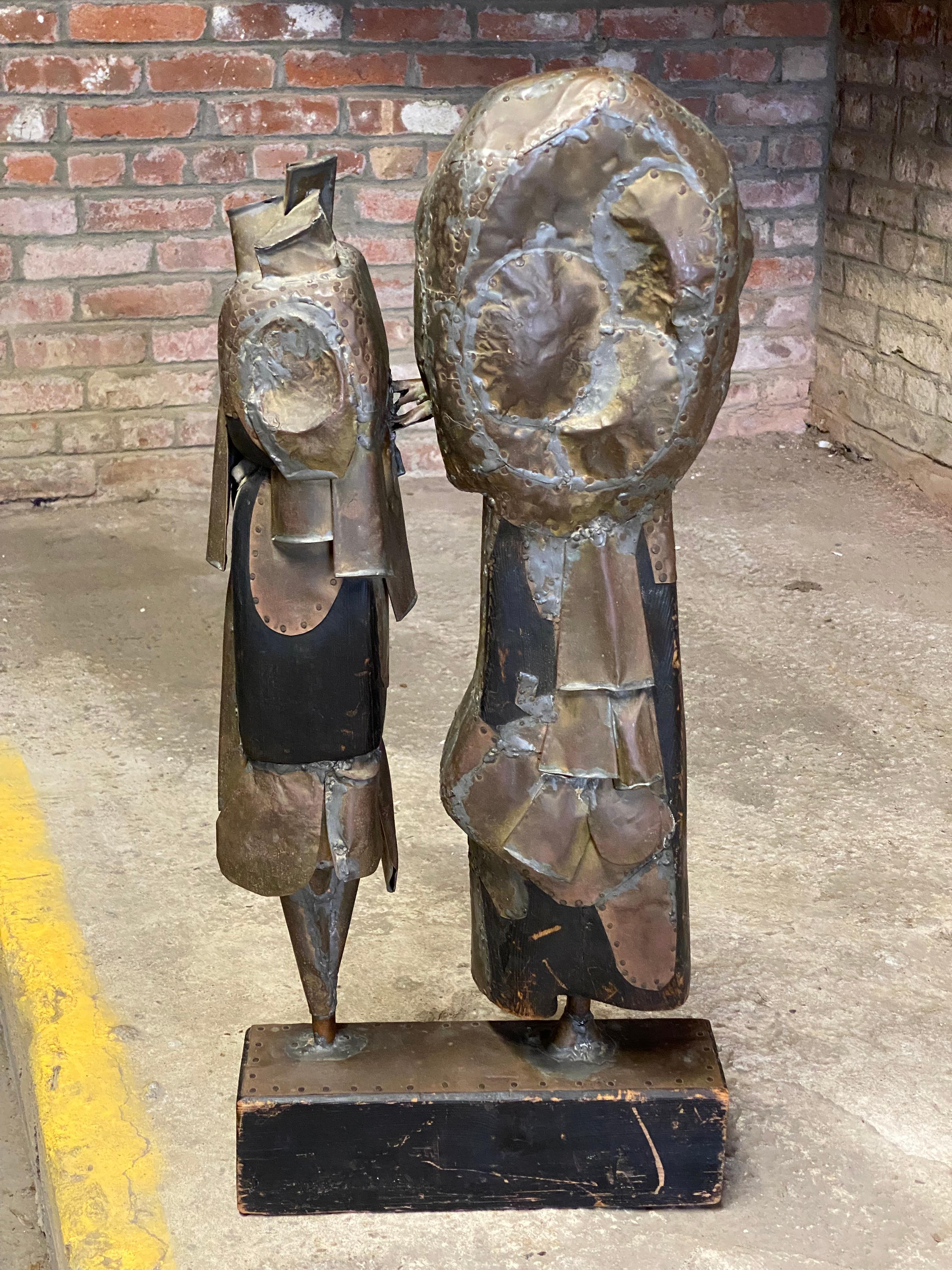 Softwood Brutalist Period Mixed Metals and Wood Couple Sculpture JN For Sale