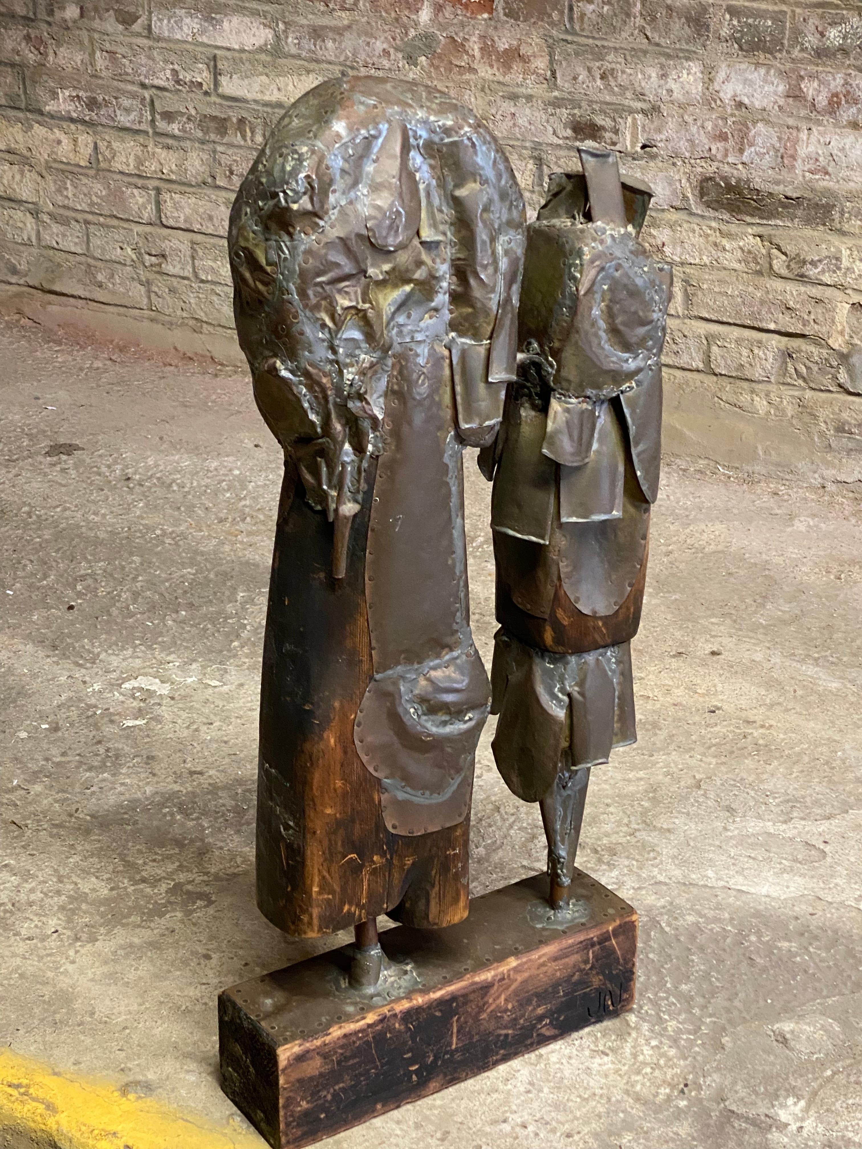 Brutalist Period Mixed Metals and Wood Couple Sculpture JN For Sale 1