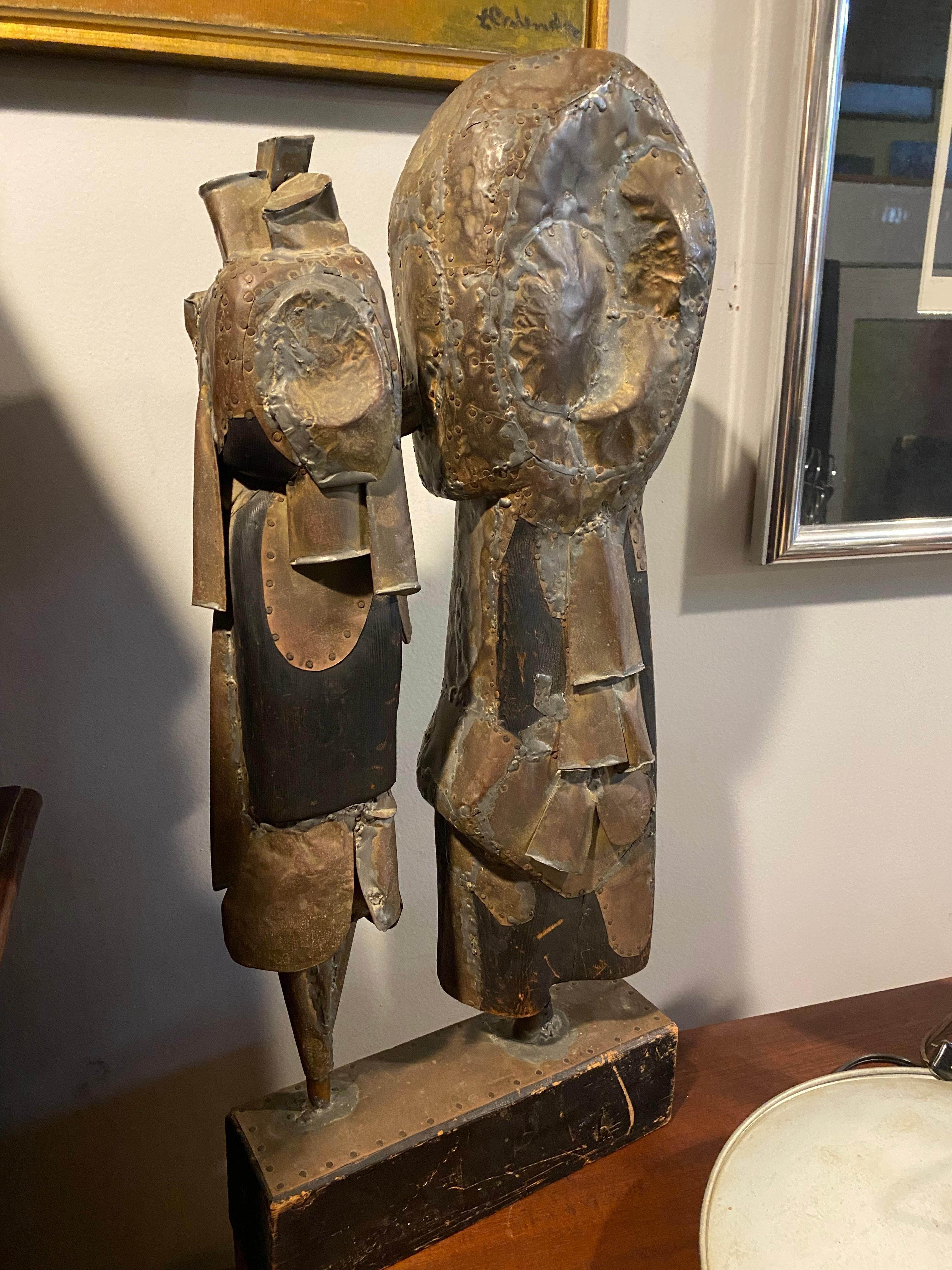Brutalist Period Mixed Metals and Wood Couple Sculpture JN For Sale 3