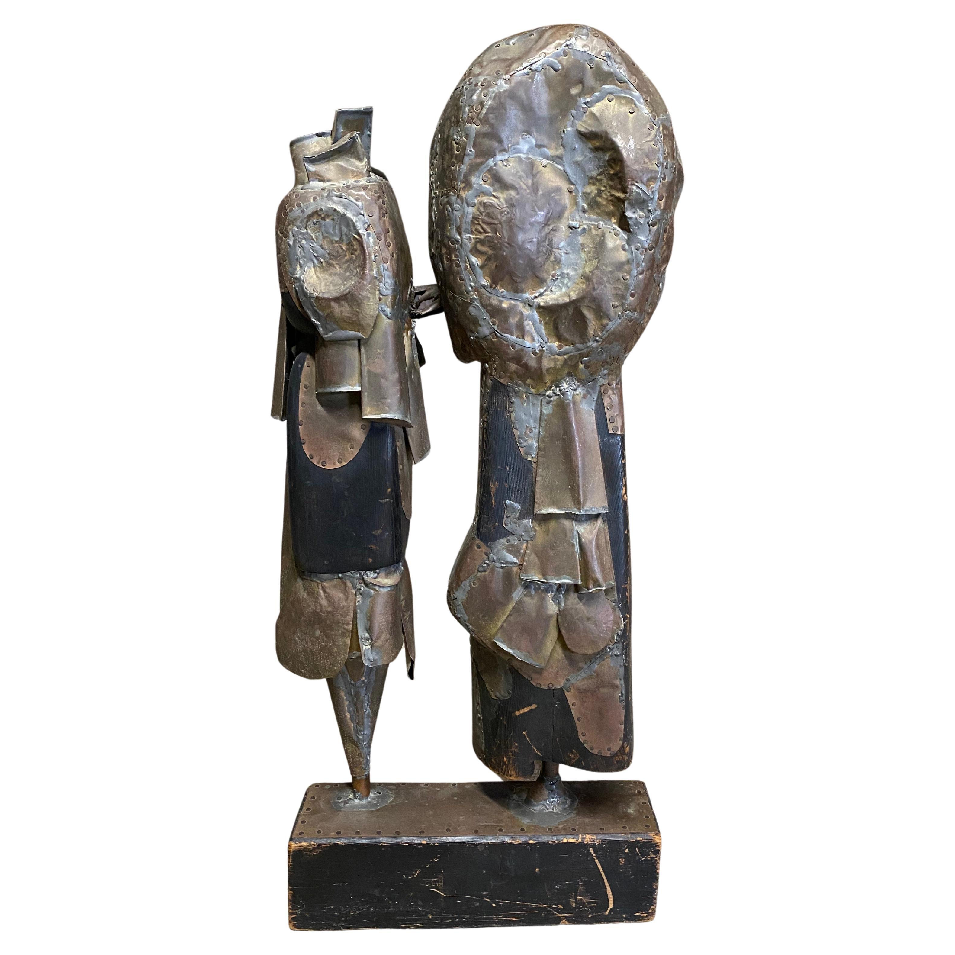 Brutalist Period Mixed Metals and Wood Couple Sculpture JN