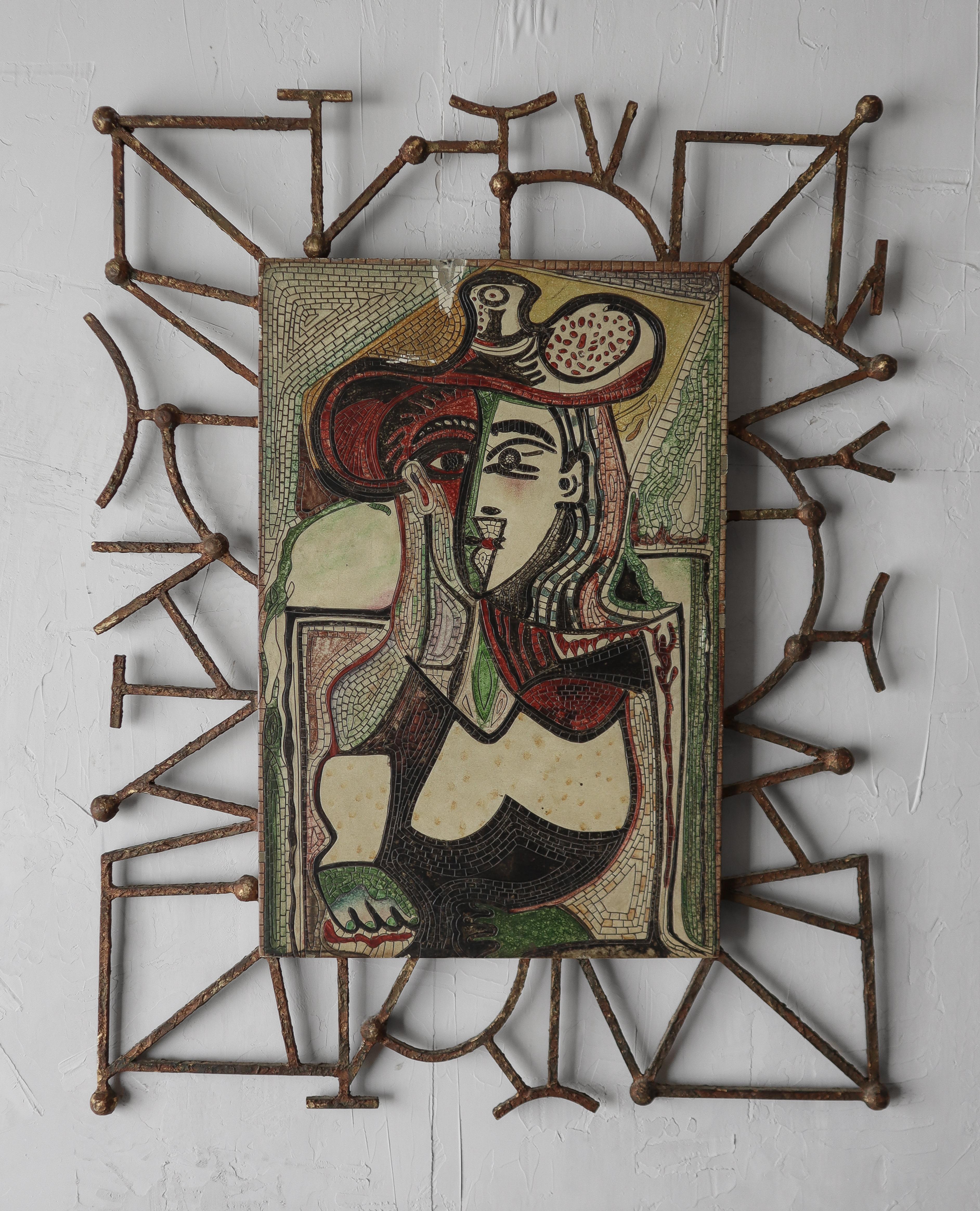 Unique art piece after Pablo Picasso, Woman With a Large Hat.  

Large ceramic tile, carved and painted to look like a mosaic mounted in a brutalist style metal frame.

*2nd Smaller piece also available, see last image

Art piece is in good overall