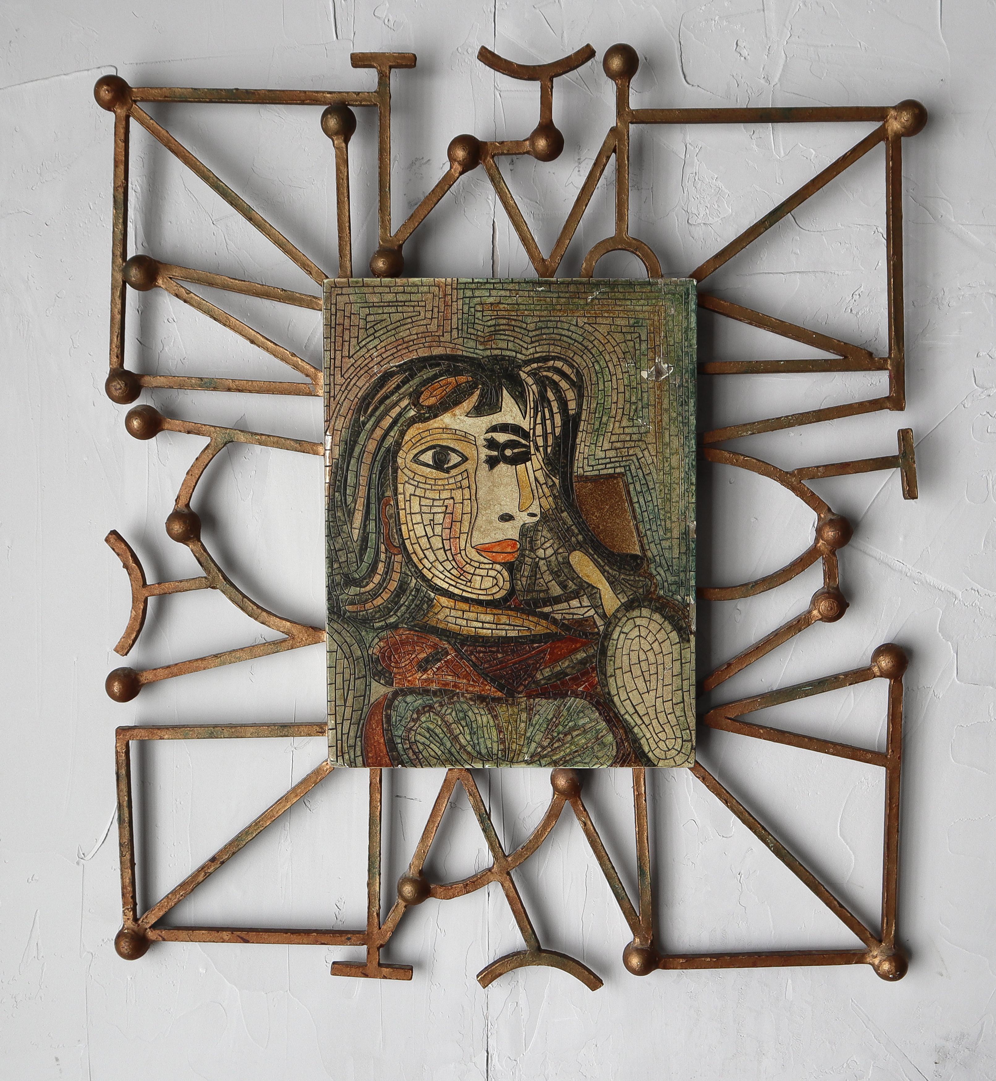 Unique art piece after Pablo Picasso, Woman With a Large Hat.  

Large ceramic tile, carved and painted to look like a mosaic mounted in a brutalist style metal frame.

*2nd Larger piece also available, see last image

Art piece is in good overall