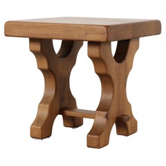 Brutalist Pierre Chapo Inspired Oak Stool, Sculptural Trestle Base