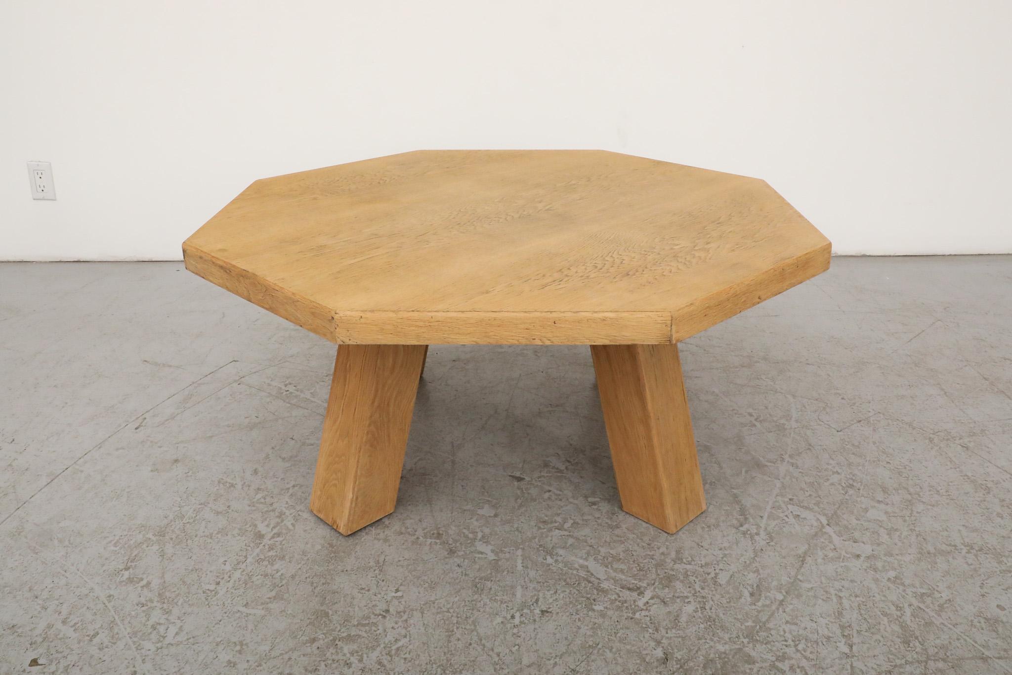 Brutalist Pierre Chapo Inspired Octagonal Oak Coffee Table In Good Condition For Sale In Los Angeles, CA