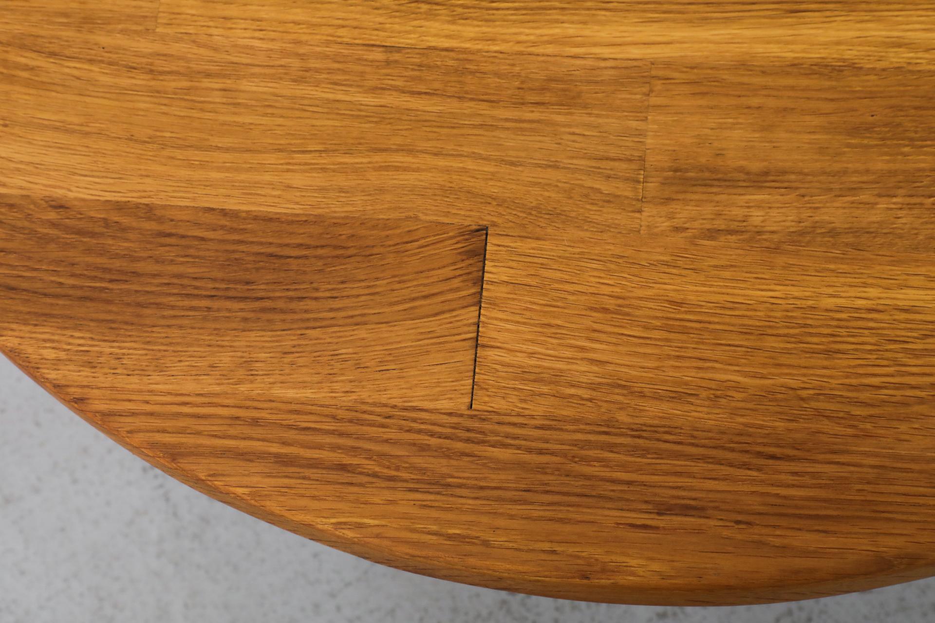 Brutalist Pierre Chapo Inspired Round Oak Coffee Table with Angled Legs 5