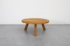 Brutalist Pierre Chapo Inspired Round Oak Coffee Table with Angled Legs