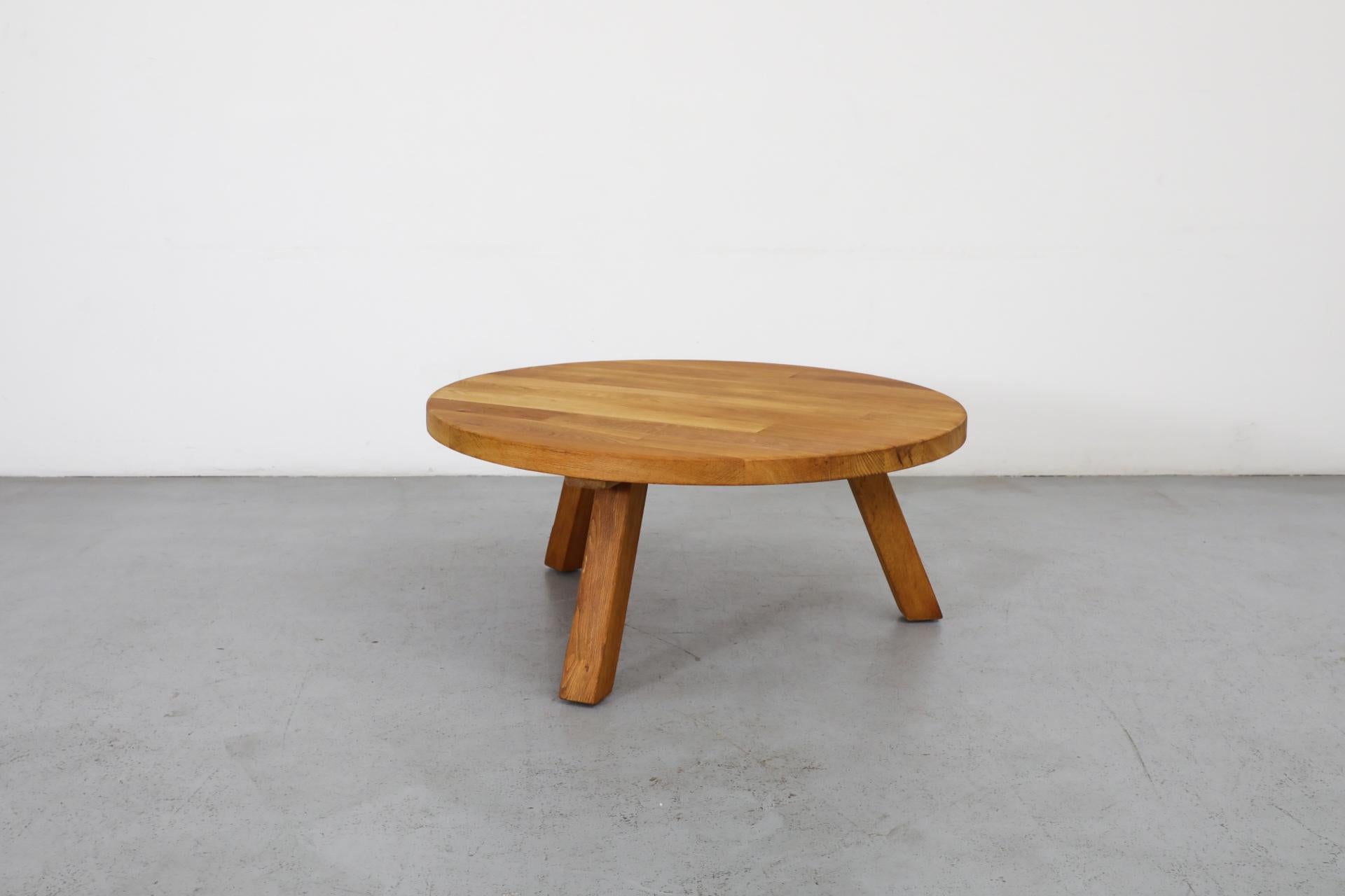 Dutch Brutalist Pierre Chapo Inspired Round Oak Coffee Table with Angled Legs