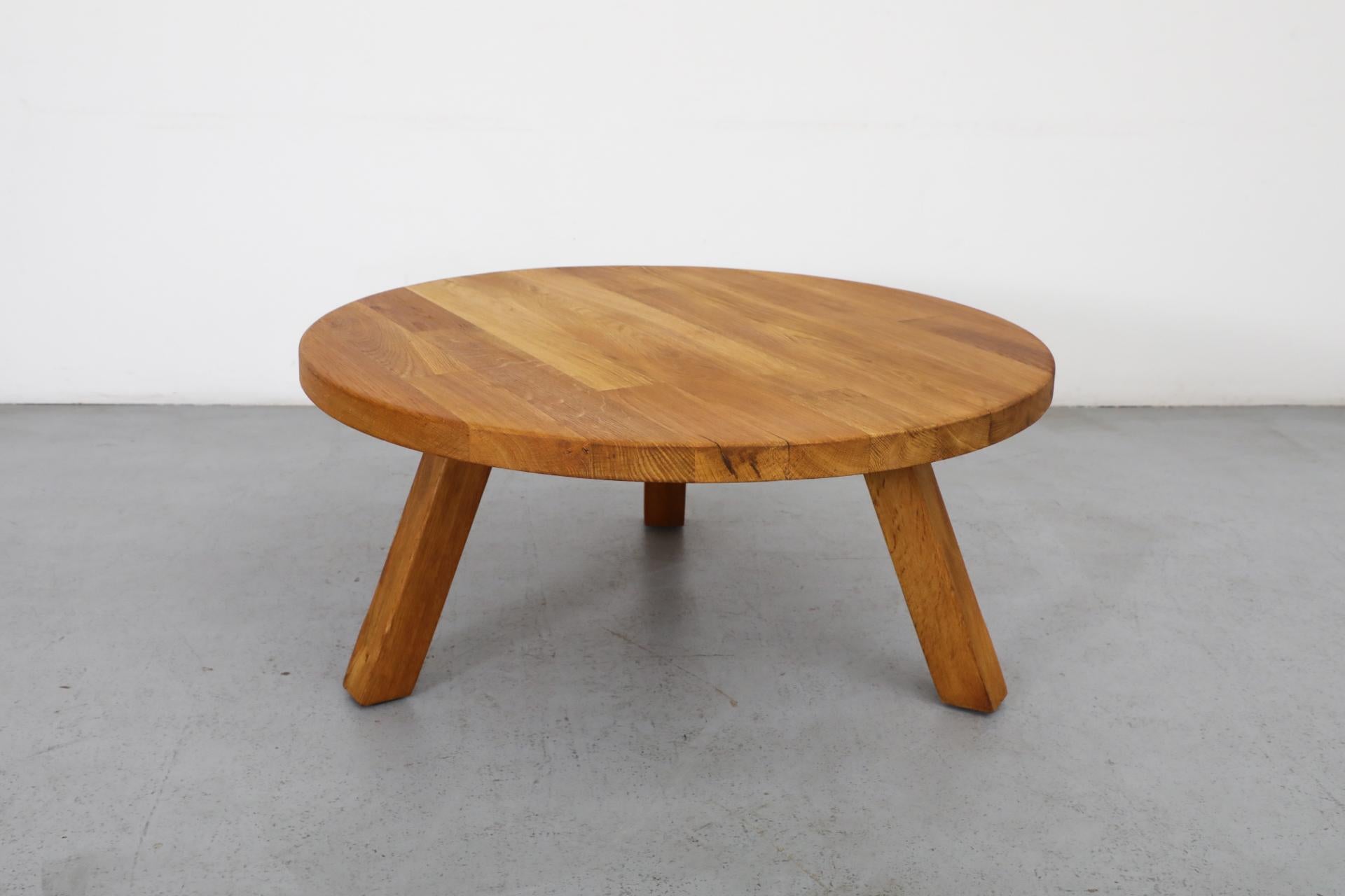 20th Century Brutalist Pierre Chapo Inspired Round Oak Coffee Table with Angled Legs