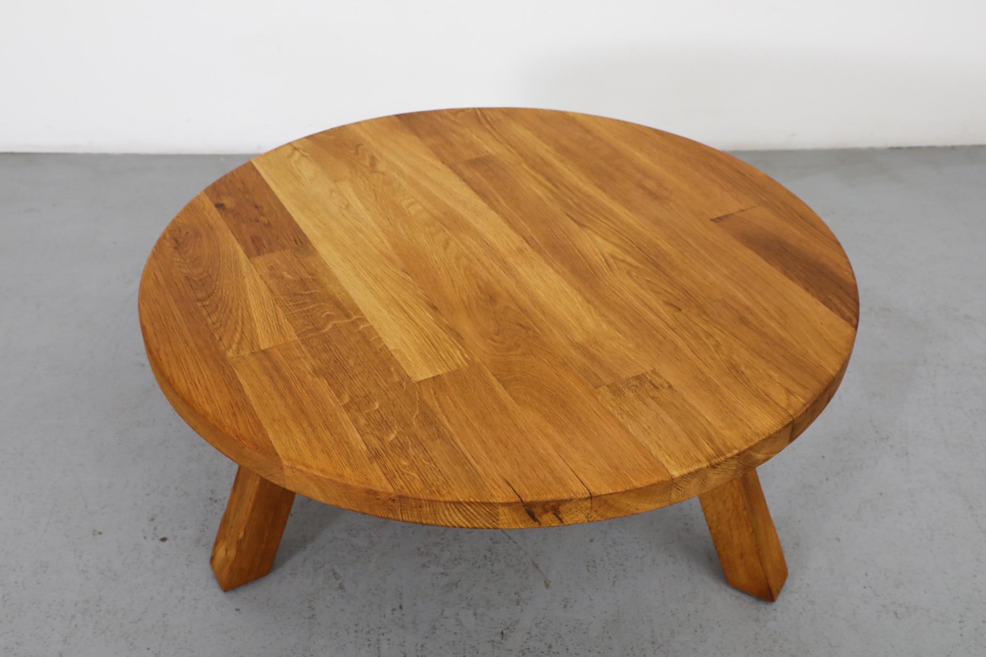 Brutalist Pierre Chapo Inspired Round Oak Coffee Table with Angled Legs 1