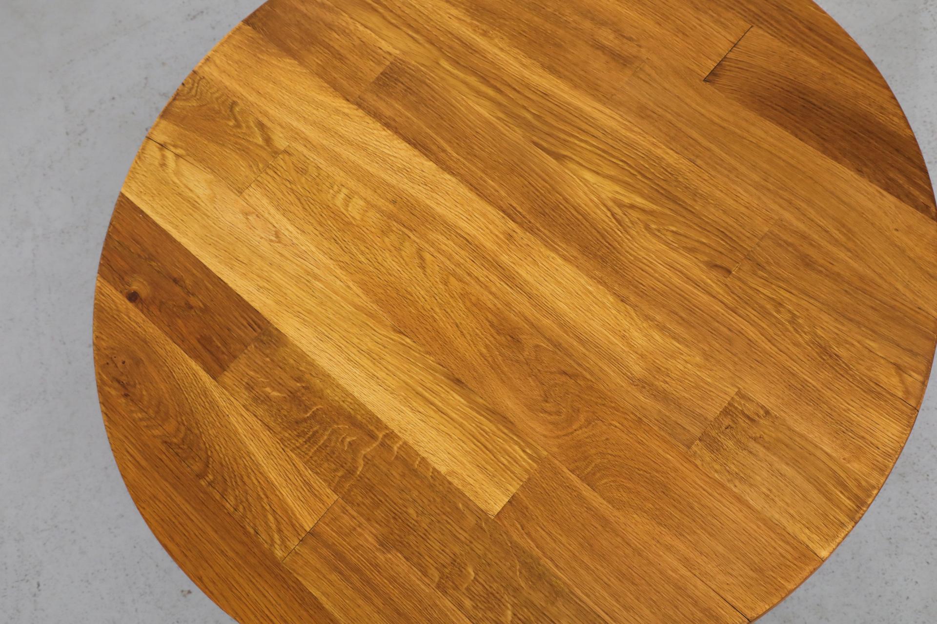 Brutalist Pierre Chapo Inspired Round Oak Coffee Table with Angled Legs 2