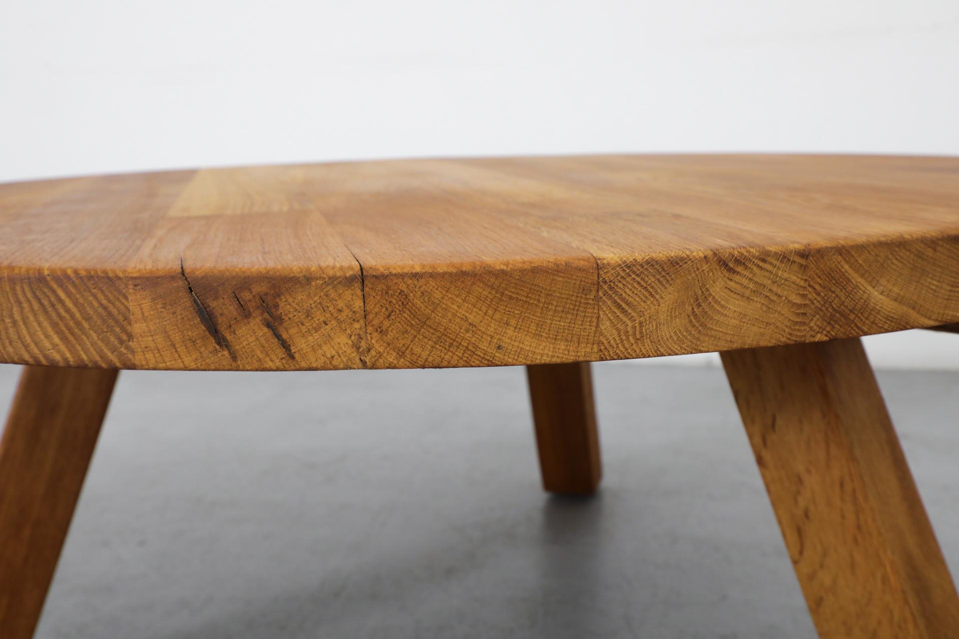 Brutalist Pierre Chapo Inspired Round Oak Coffee Table with Angled Legs 3