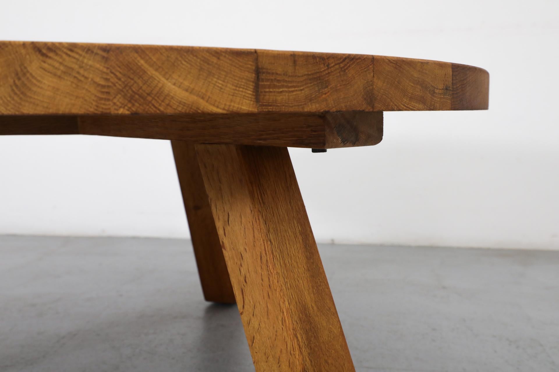 Brutalist Pierre Chapo Inspired Round Oak Coffee Table with Angled Legs 4
