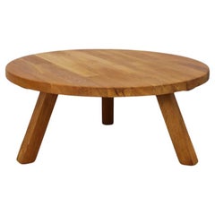 Brutalist Pierre Chapo Inspired Round Oak Coffee Table with Angled Legs