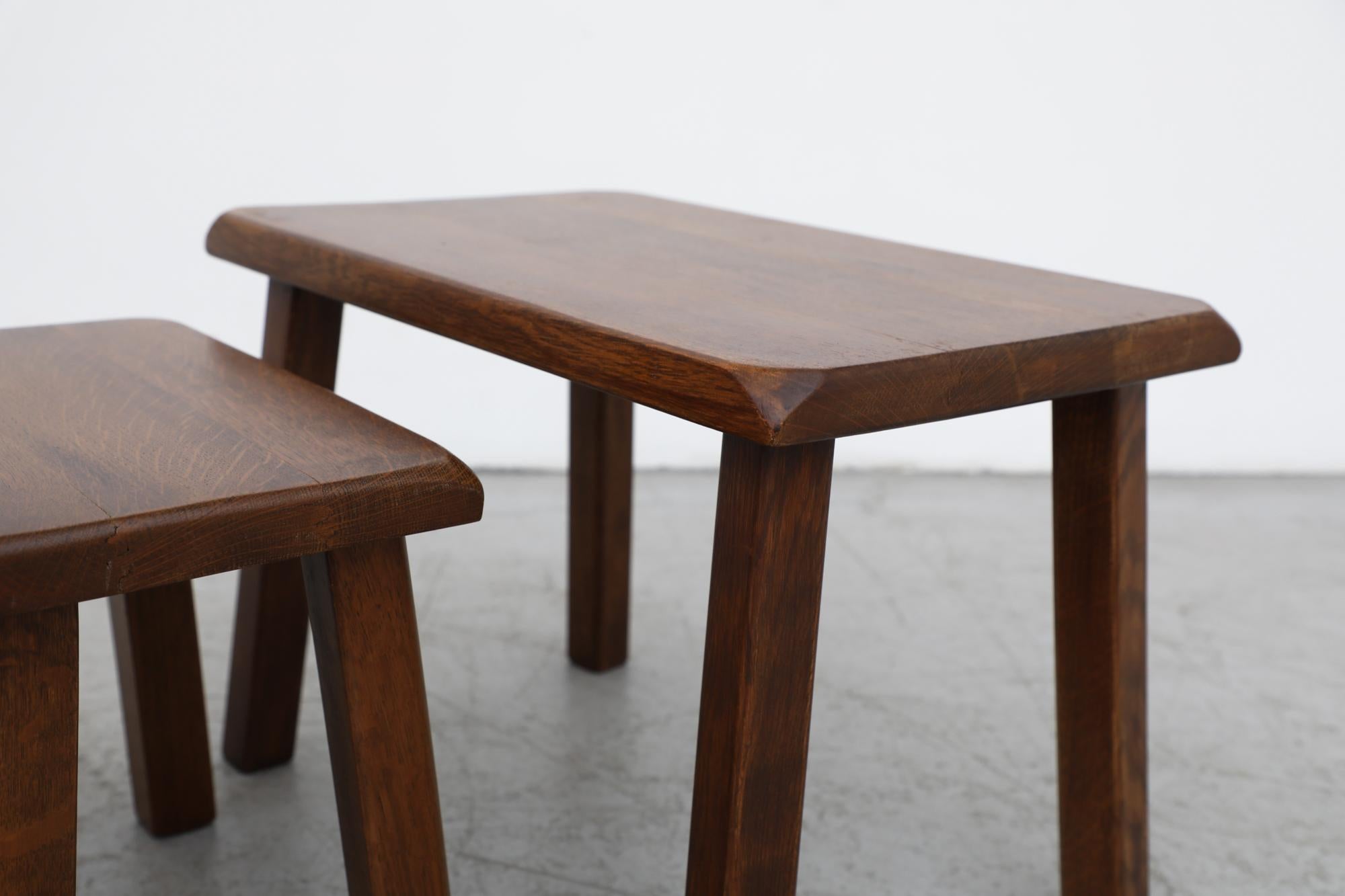 Brutalist Pierre Chapo Style Dark Oak Nesting Tables with Clipped Corners 4