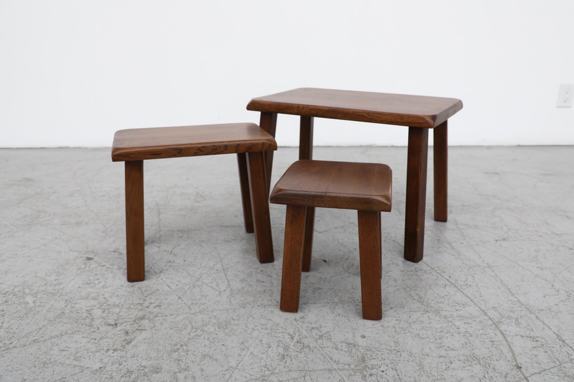 Brutalist Pierre Chapo Style Dark Oak Nesting Tables with Clipped Corners 9