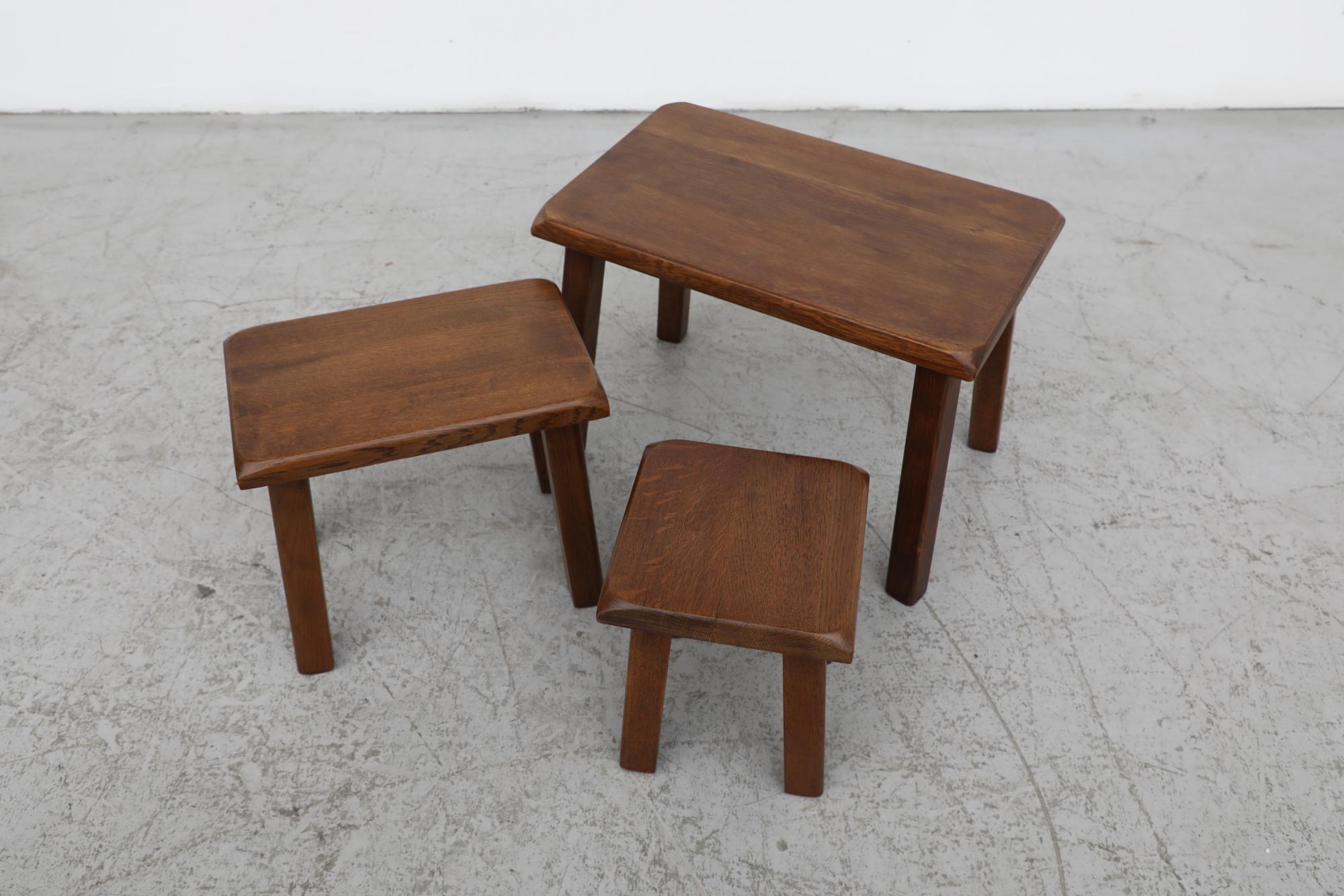 Brutalist Pierre Chapo Style Dark Oak Nesting Tables with Clipped Corners 10