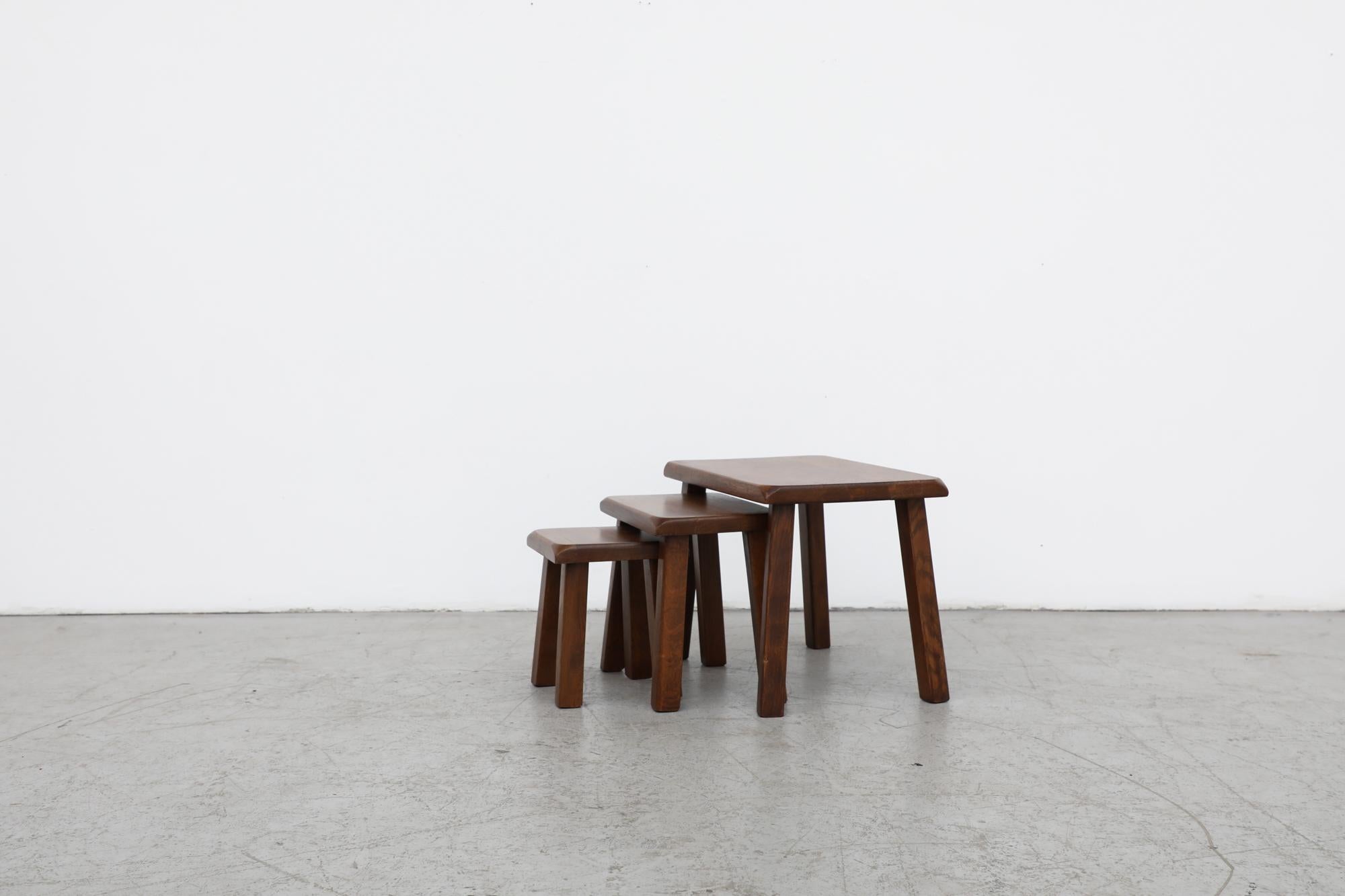 Dutch Brutalist Pierre Chapo Style Dark Oak Nesting Tables with Clipped Corners