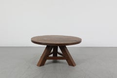 Brutalist Pierre Chapo Style Round Oak Coffee Table, Carved Top, Tripod Base