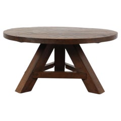 Brutalist Pierre Chapo Style Round Oak Coffee Table, Carved Top, Tripod Base