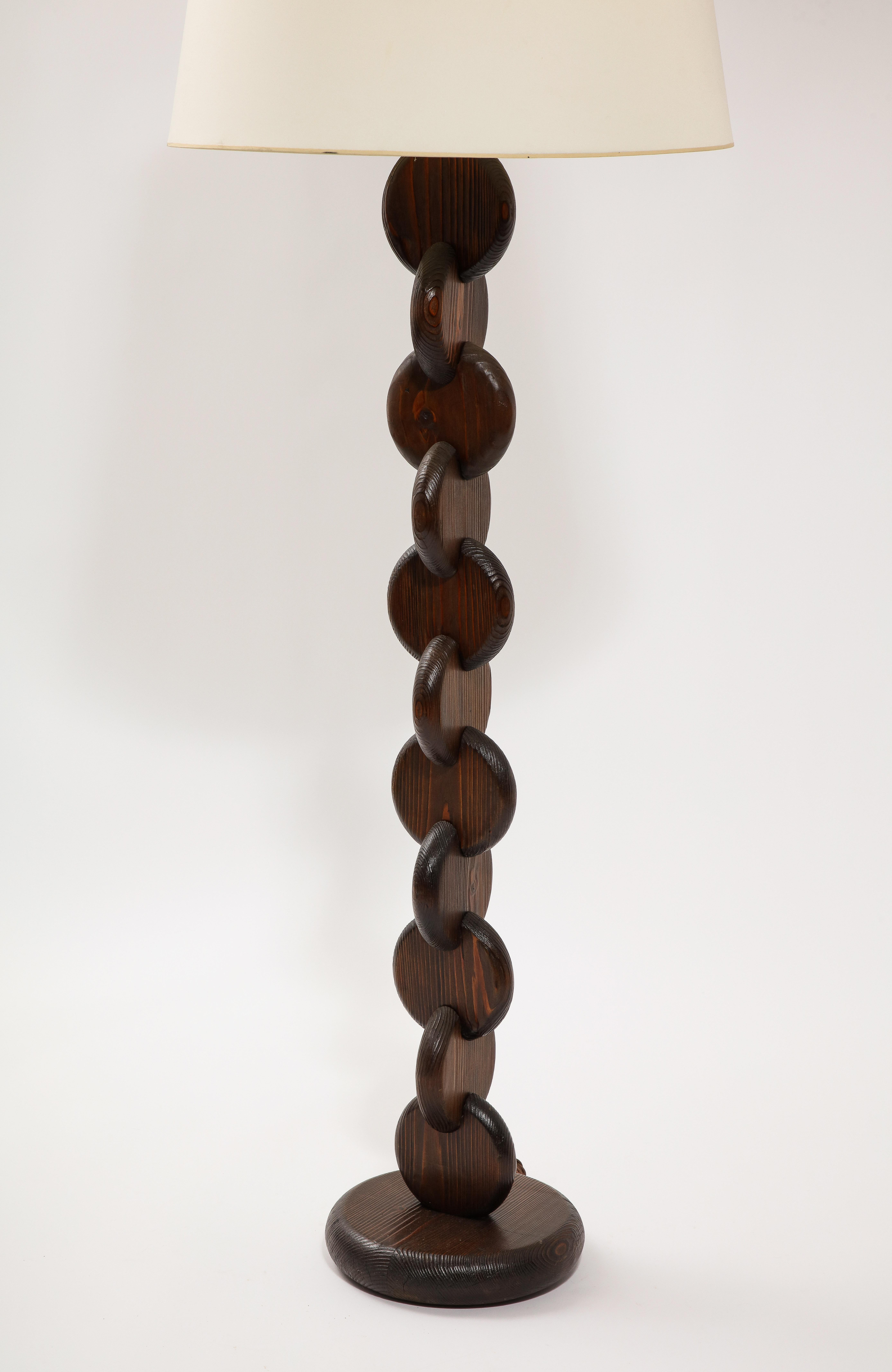 Brutalist floor lamp made of solid pine circles stacked perpendicular to each other. Rewired, shade available on request