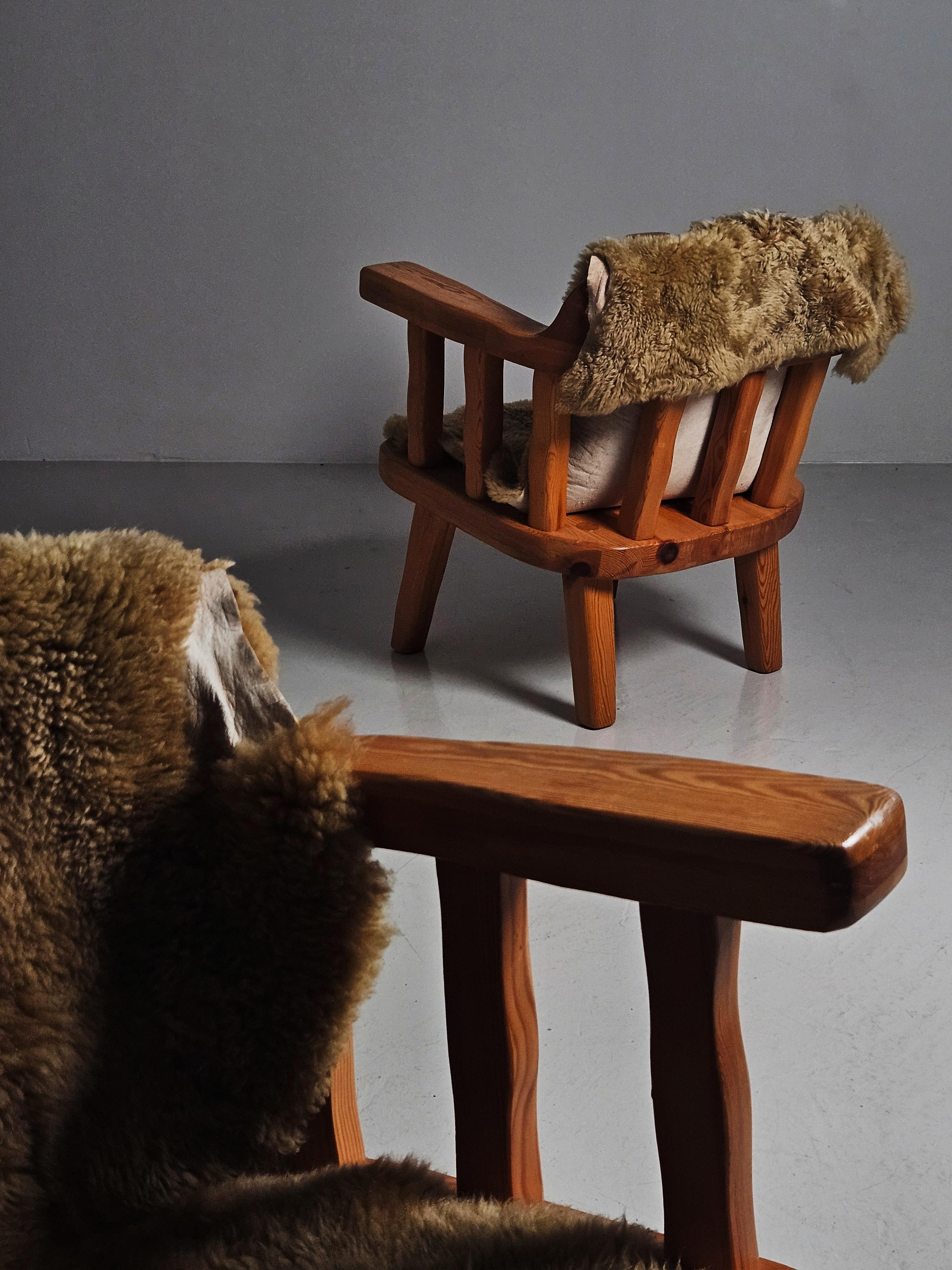 Chaises longues en pin brutalistes de Stig Sandkvist, Suède, années 1950 en vente 3