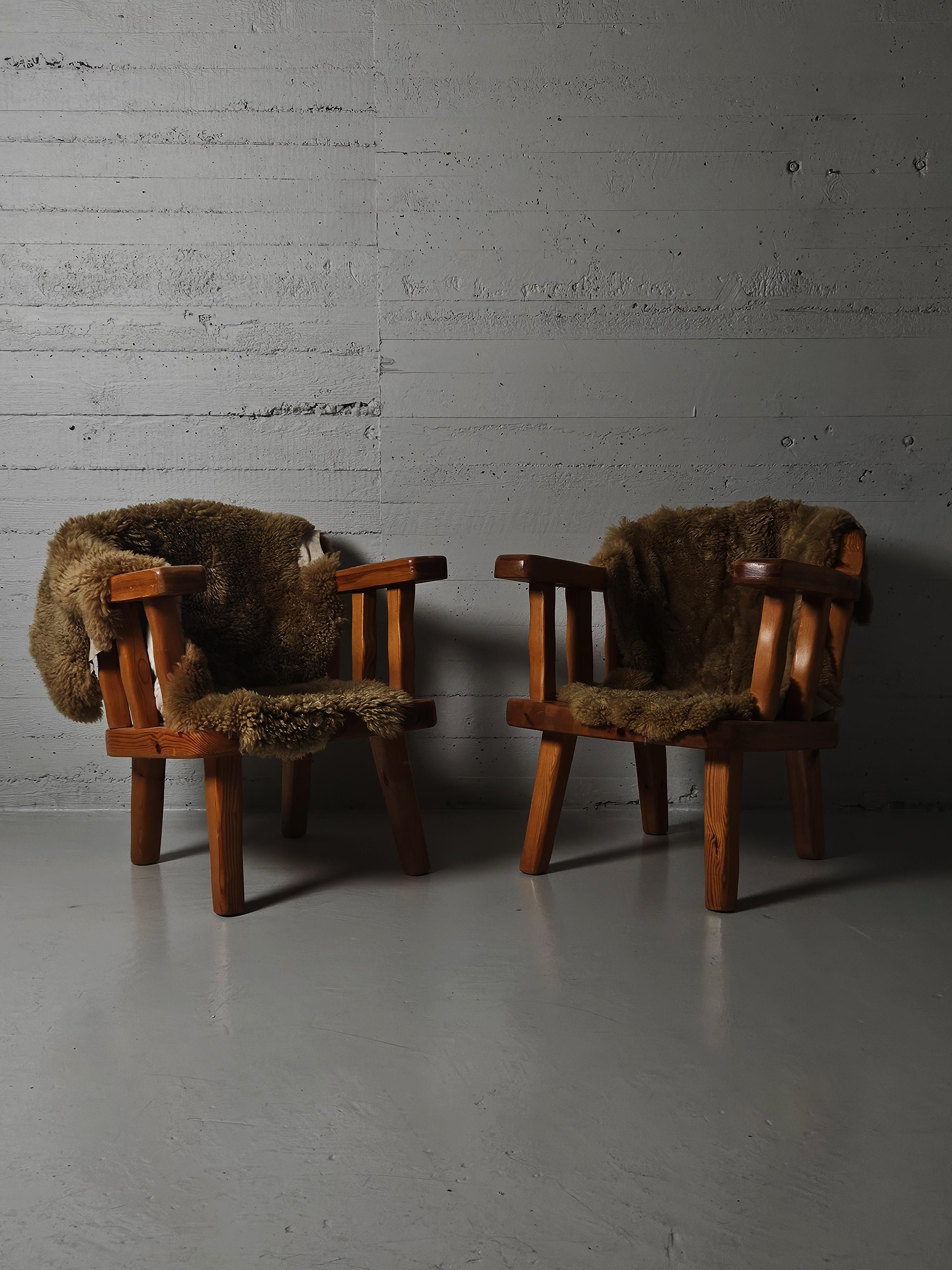 Chaises longues en pin brutalistes de Stig Sandkvist, Suède, années 1950 en vente 1