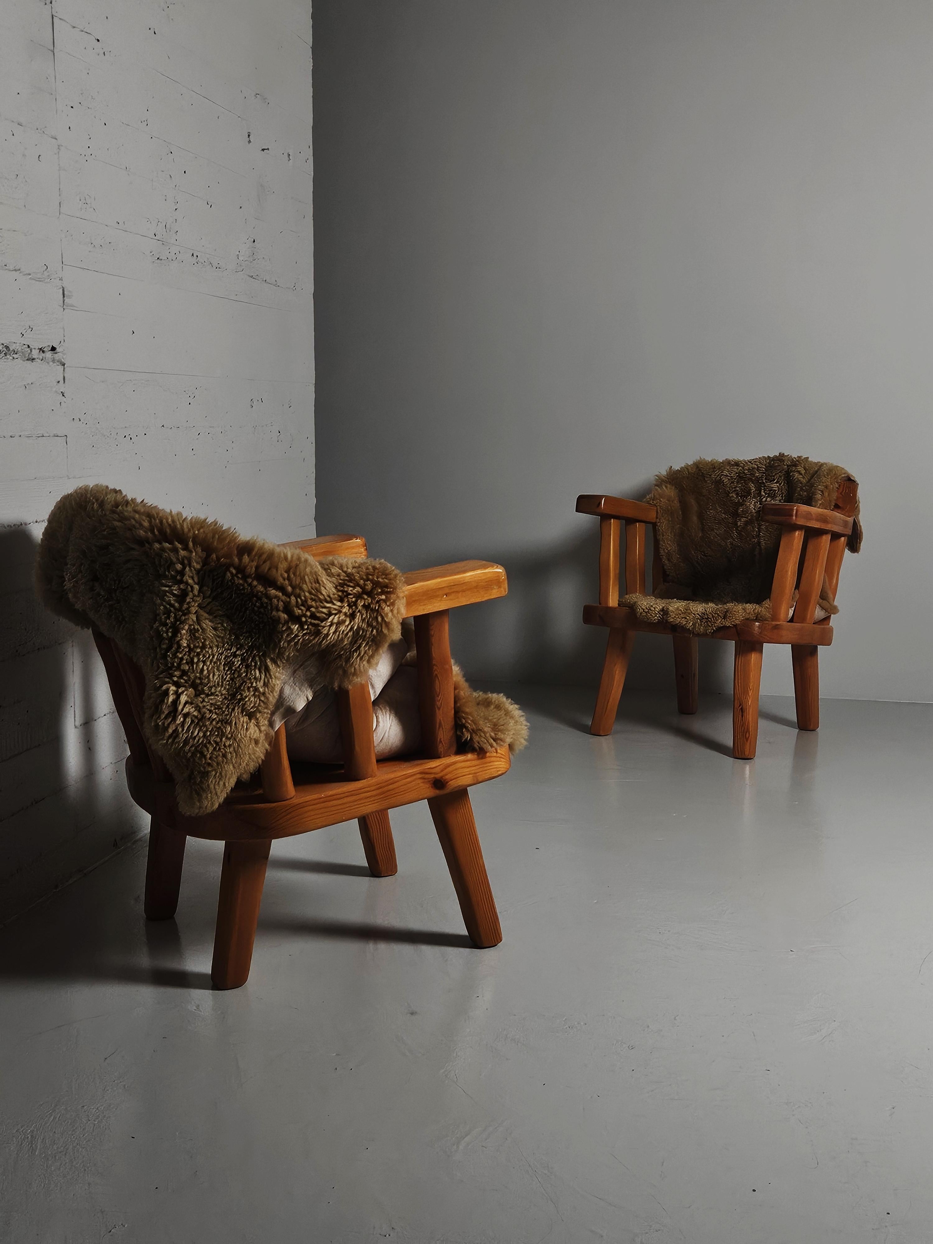 Chaises longues en pin brutalistes de Stig Sandkvist, Suède, années 1950 en vente 2
