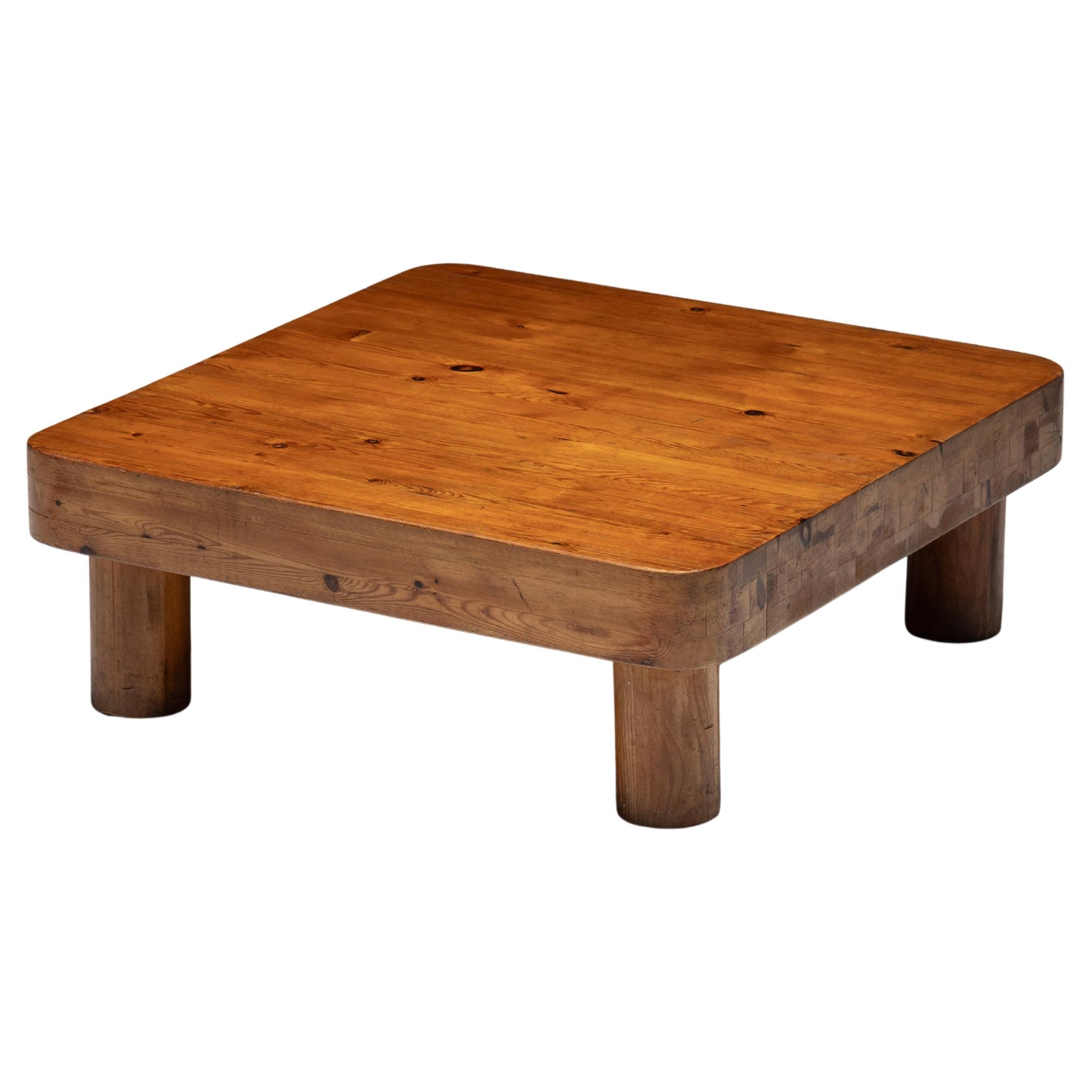 Brutalist Pine Low Coffee Table, France, 1960s For Sale