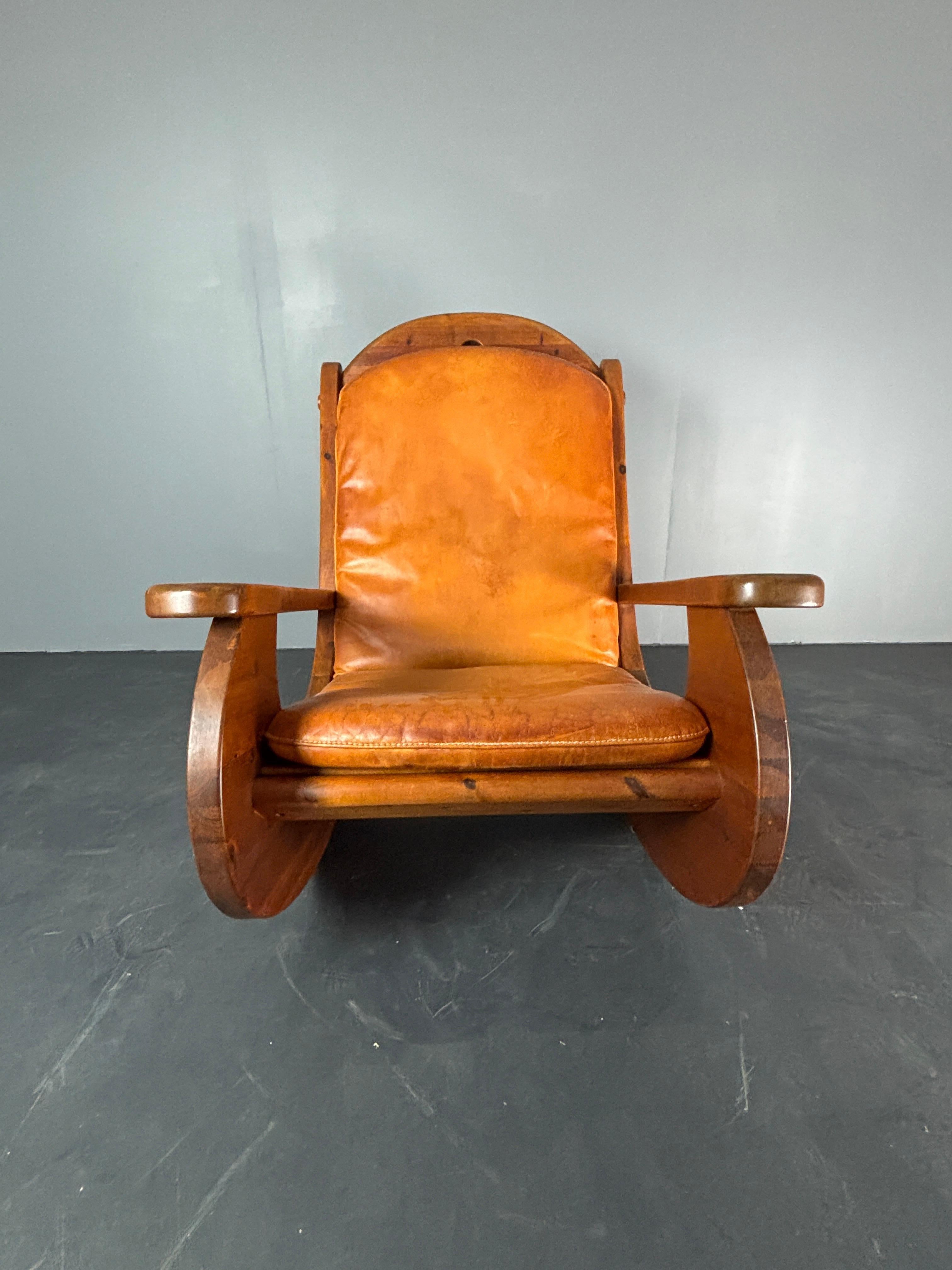 Chaise longue à bascule en pin brutale avec assise en cuir par Wasa 1984 en vente 7