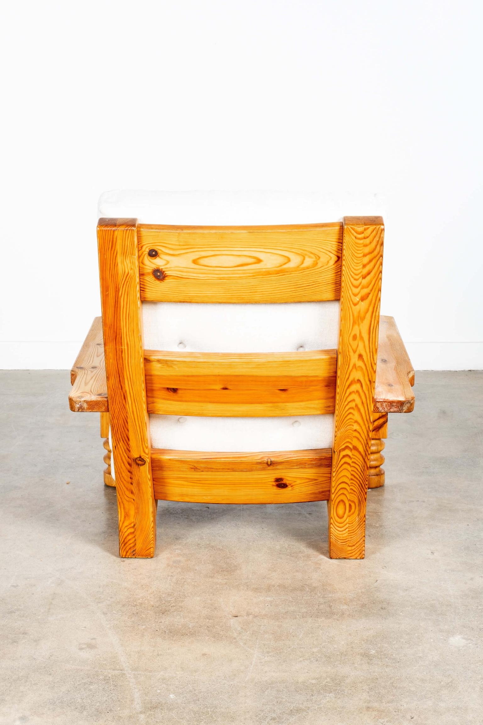 Brutalist Pine Spool Armchair with Belgian Linen Upholstered Seat 2