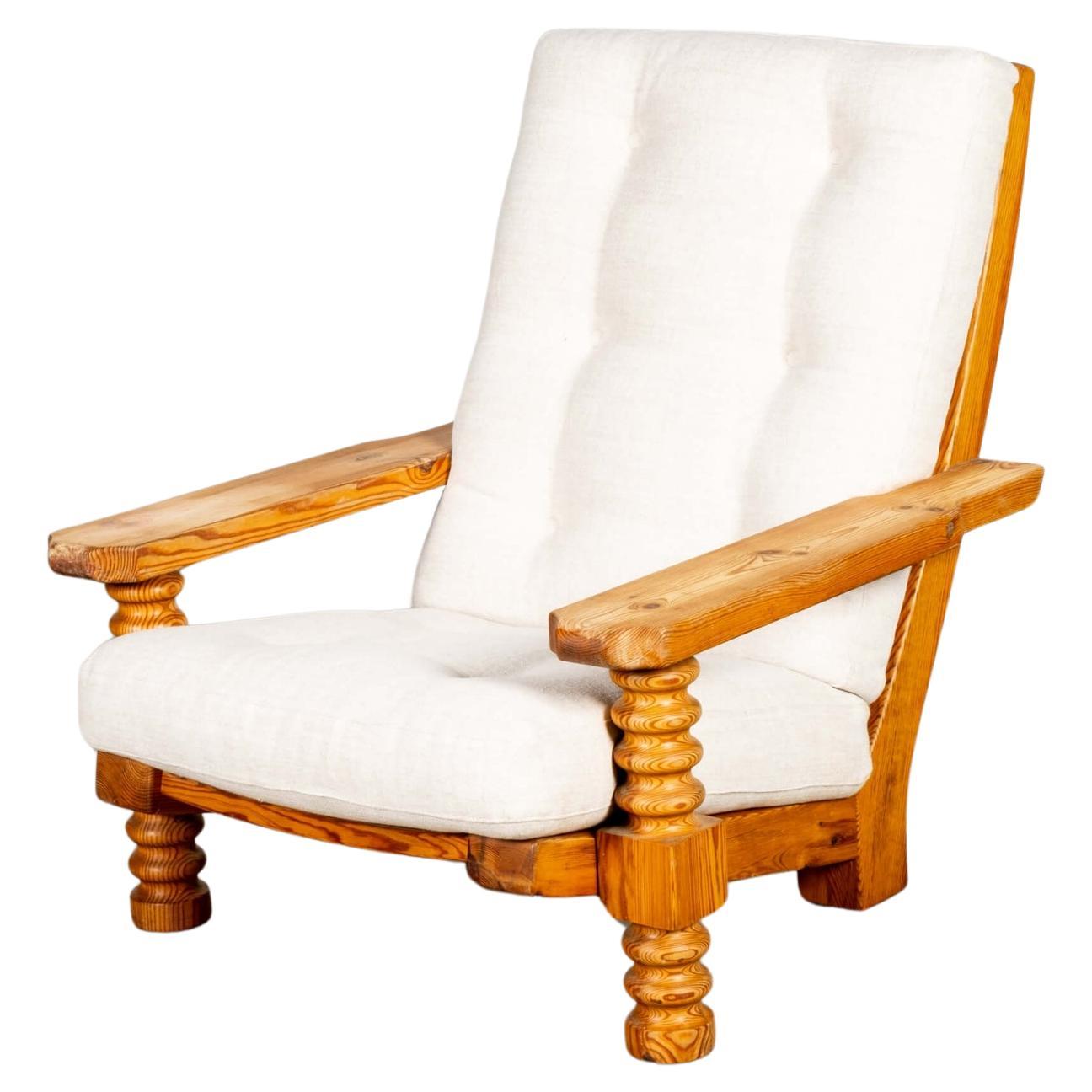 Brutalist Pine Spool Armchair with Belgian Linen Upholstered Seat For Sale