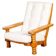 Retro Brutalist Pine Spool Armchair with Belgian Linen Upholstered Seat