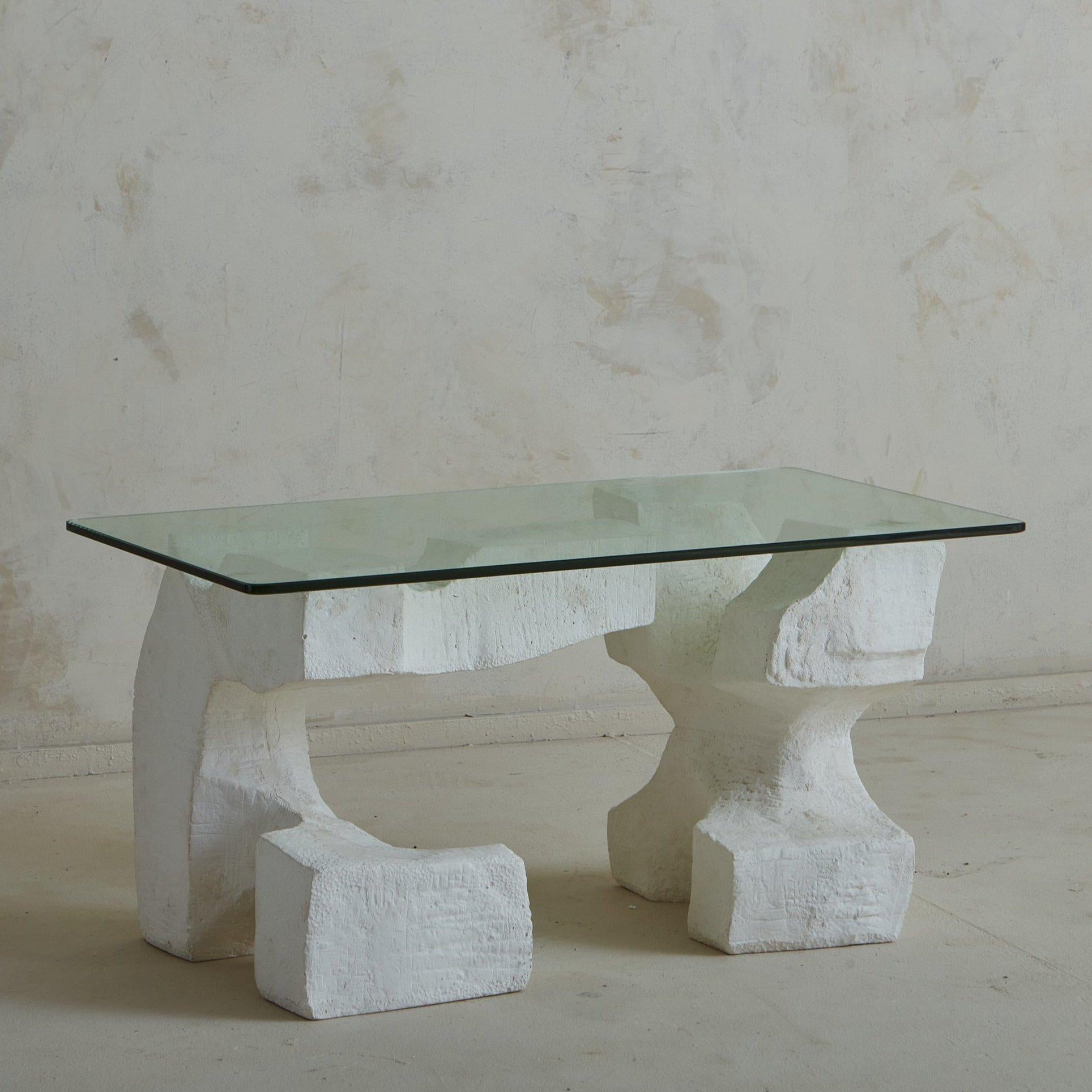 French Brutalist Plaster Base Coffee Table with Glass Top, France 20th Century For Sale
