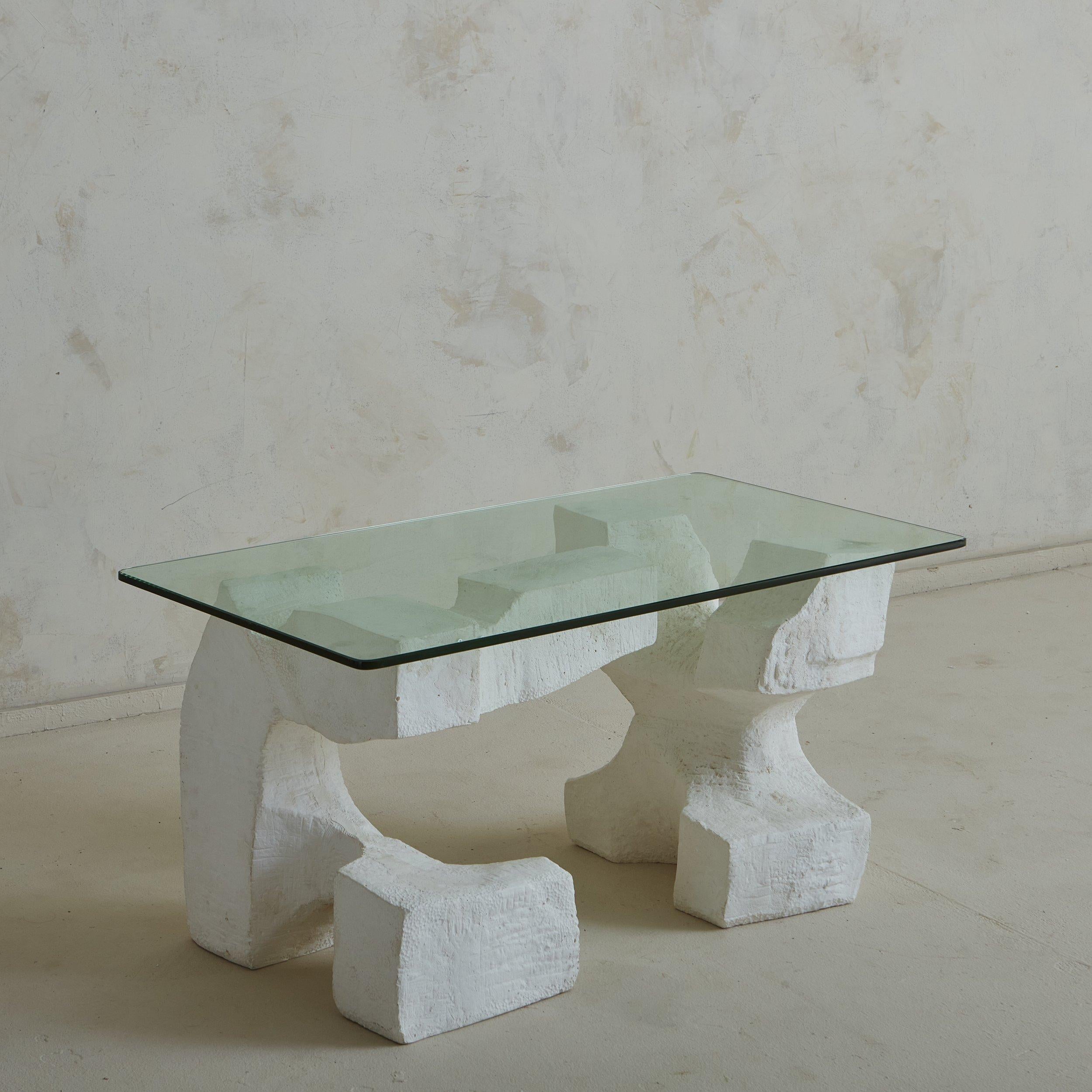 Brutalist Plaster Base Coffee Table with Glass Top, France 20th Century In Good Condition For Sale In Chicago, IL