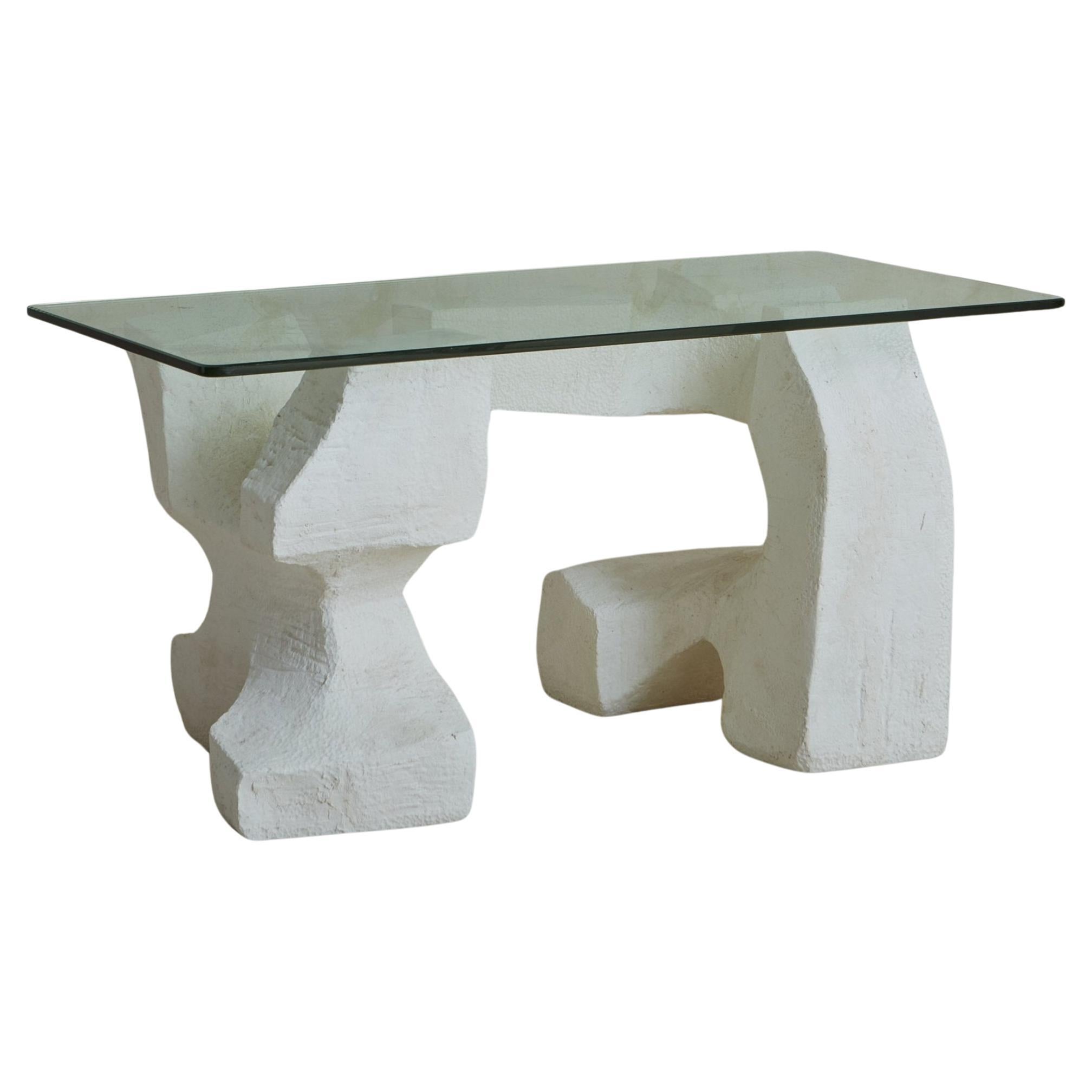 Brutalist Plaster Base Coffee Table with Glass Top, France 20th Century For Sale
