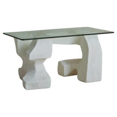 Table basse brutaliste avec plateau en verre, France 20ème siècle