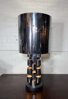 Brutalist Polished Chrome Table Lamp by Curtis Jere / tower / large chrome shade