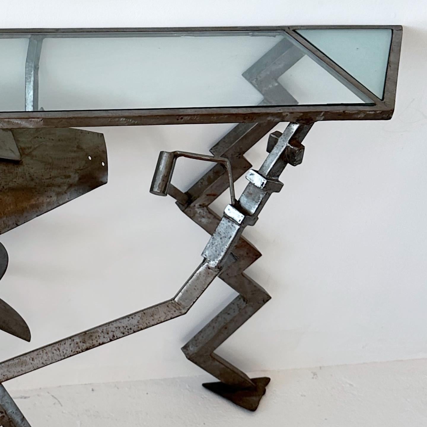 American Brutalist Post-Modern Welded Brushed Steel Console Table with Glass Top