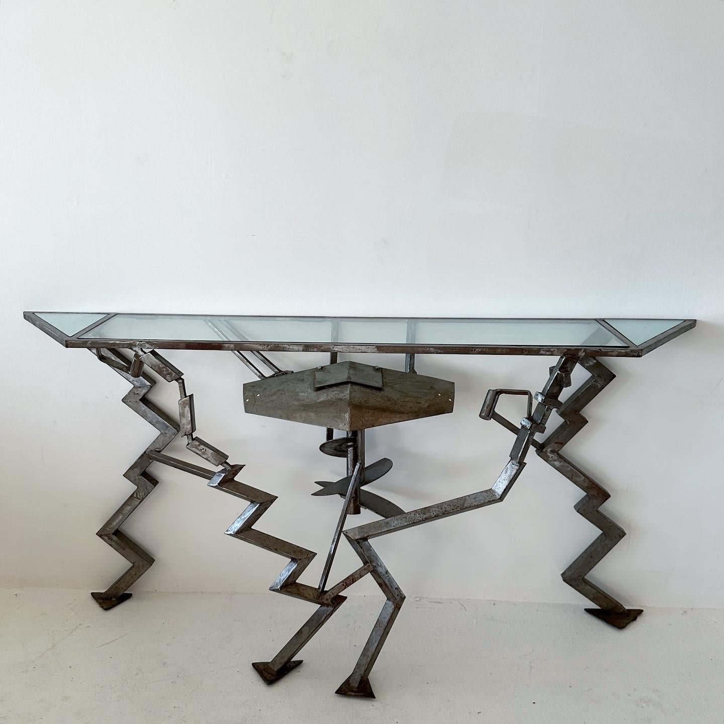 Late 20th Century Brutalist Post-Modern Welded Brushed Steel Console Table with Glass Top
