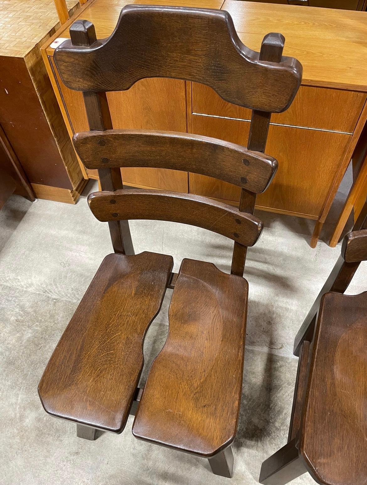 Set of 4 vintage Brutalist Primitive Dutch oak dining chairs. 17.5w 19d 41h 18seat