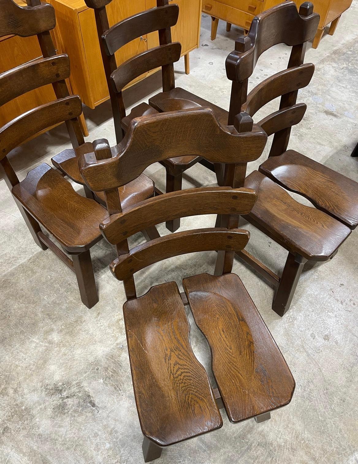 Late 20th Century Brutalist Primitive Danish Oak Dining Scandinavian Chairs For Sale