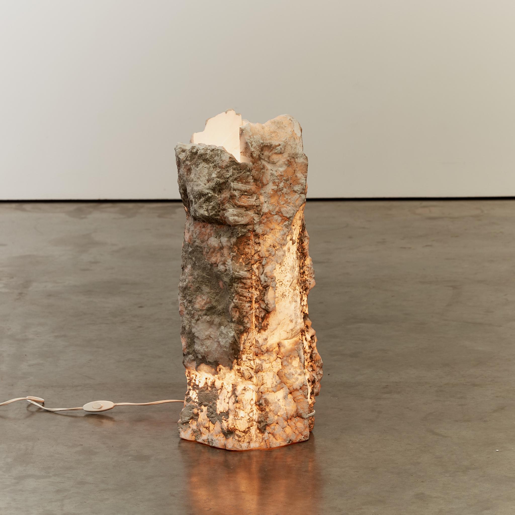 Alabaster Brutalist raw edge alabaster statement column table lamp