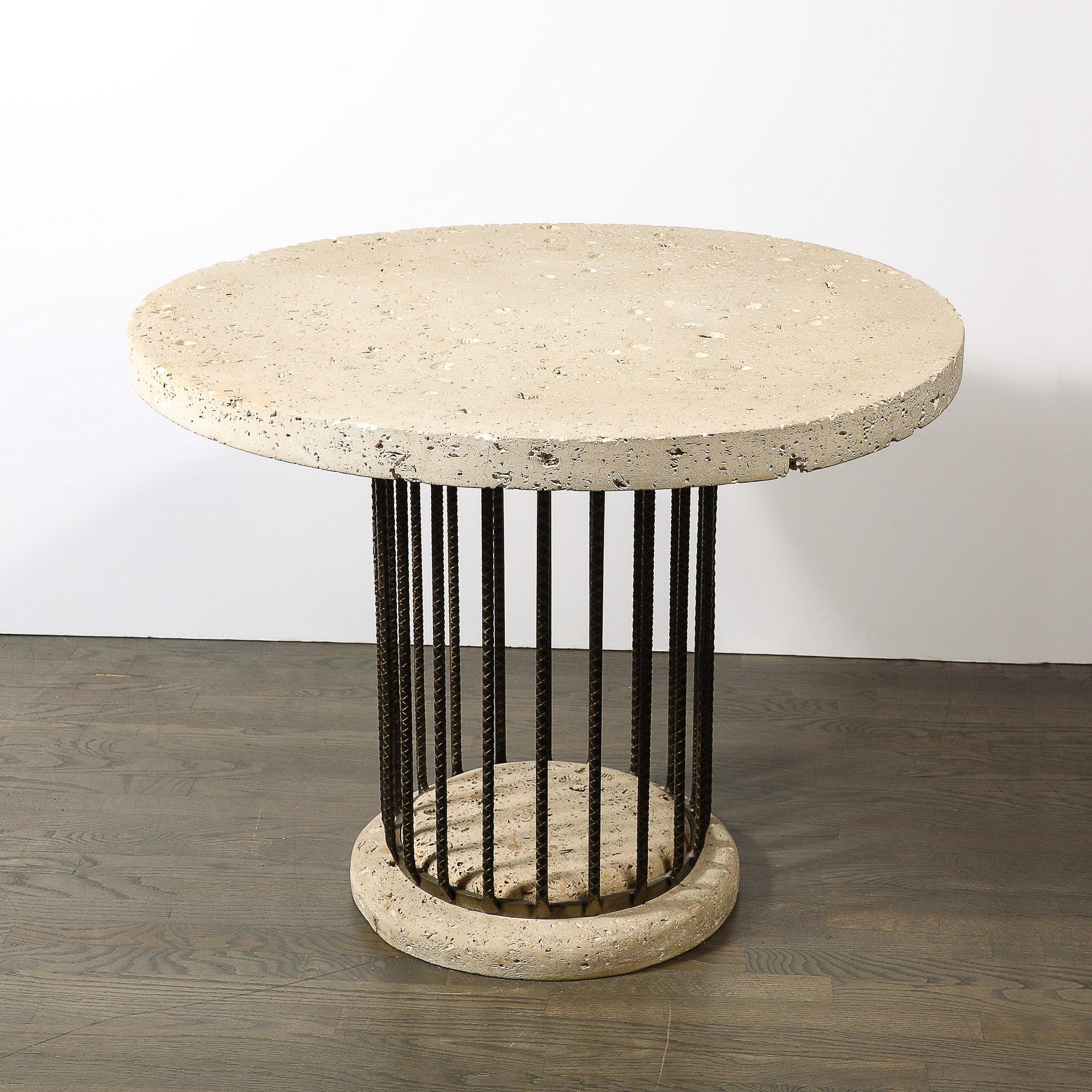 Modern Brutalist Rebar and Fossilized Limestone Dining Table For Sale