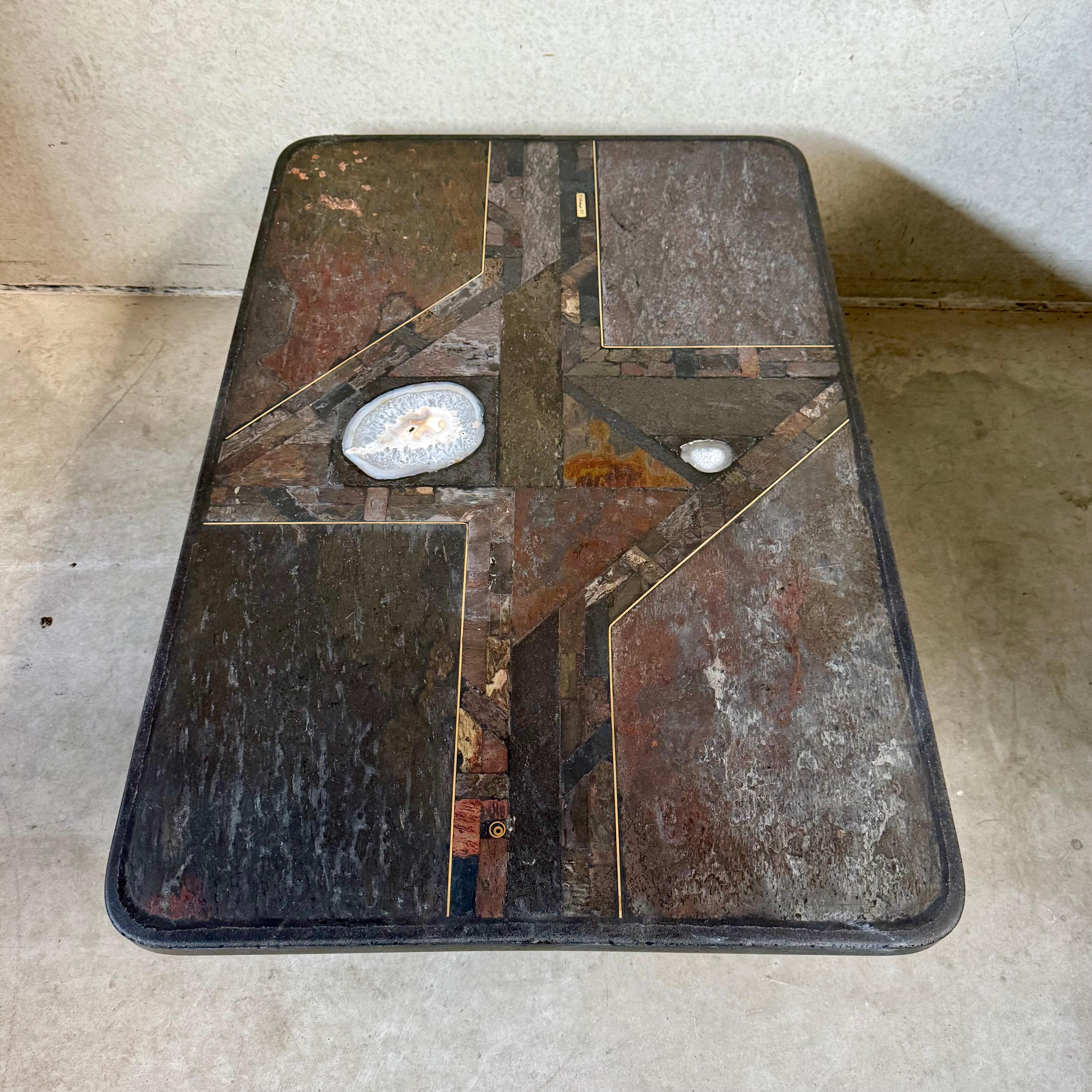 Dutch Brutalist Rectangular Slate Stone Brass Coffee Table by Studio Stam For Sale
