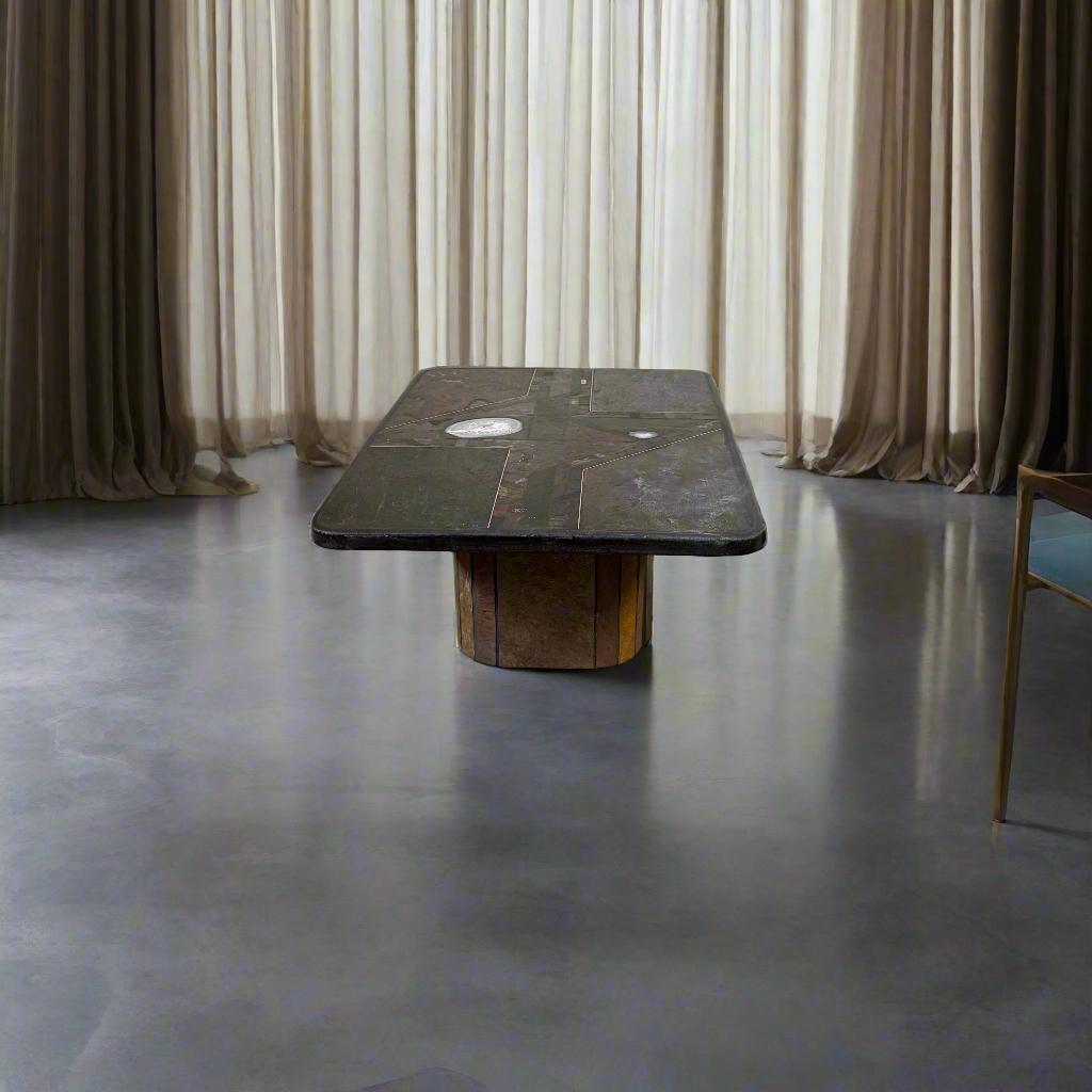 Hand-Carved Brutalist Rectangular Slate Stone Brass Coffee Table by Studio Stam For Sale