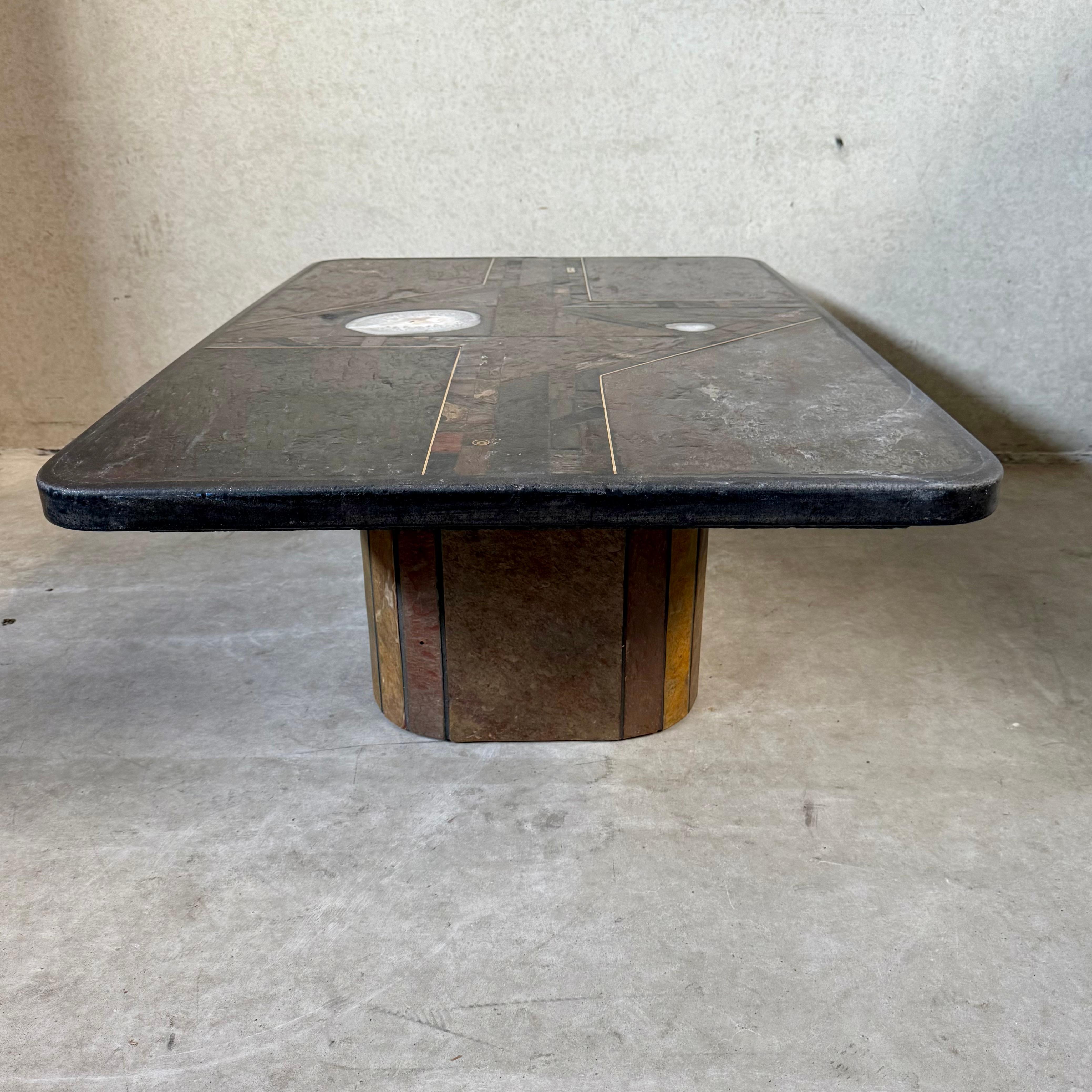 Brutalist Rectangular Slate Stone Brass Coffee Table by Studio Stam For Sale 1