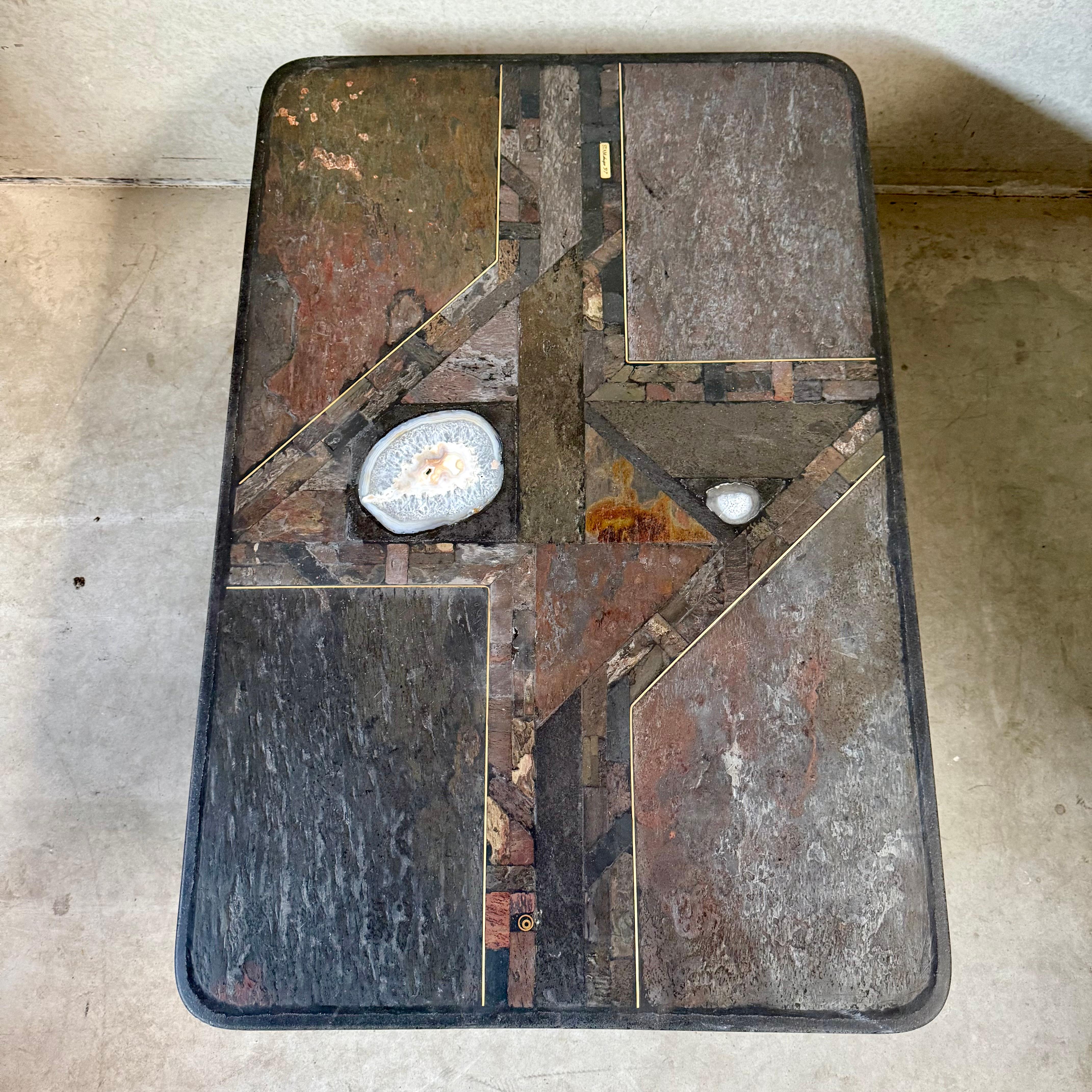 Brutalist Rectangular Slate Stone Brass Coffee Table by Studio Stam For Sale 2